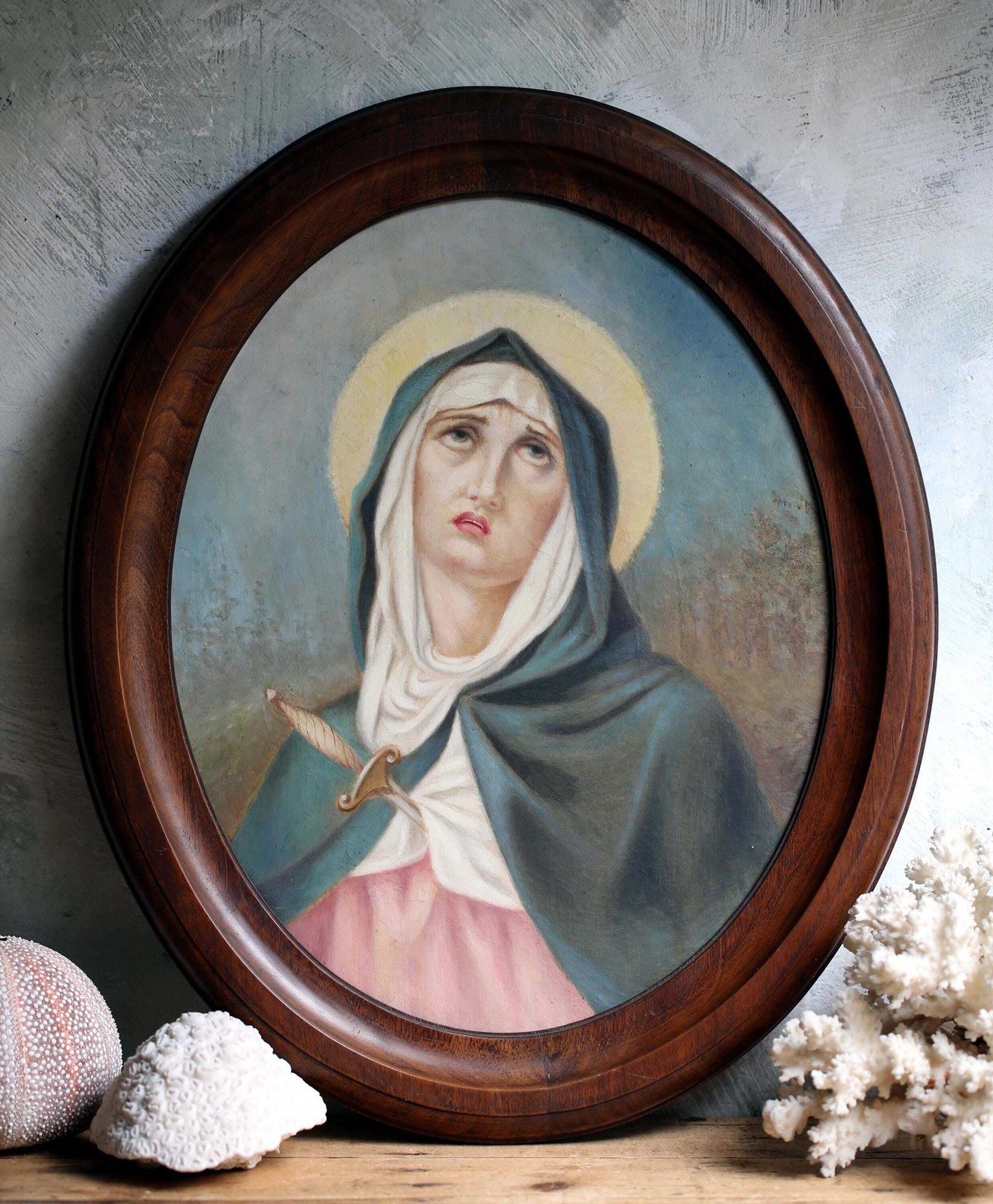 Antique Our Lady Of Sorrows Oil Painting On Canvas Oval Madonna Portrait Virgin Mary photo buy