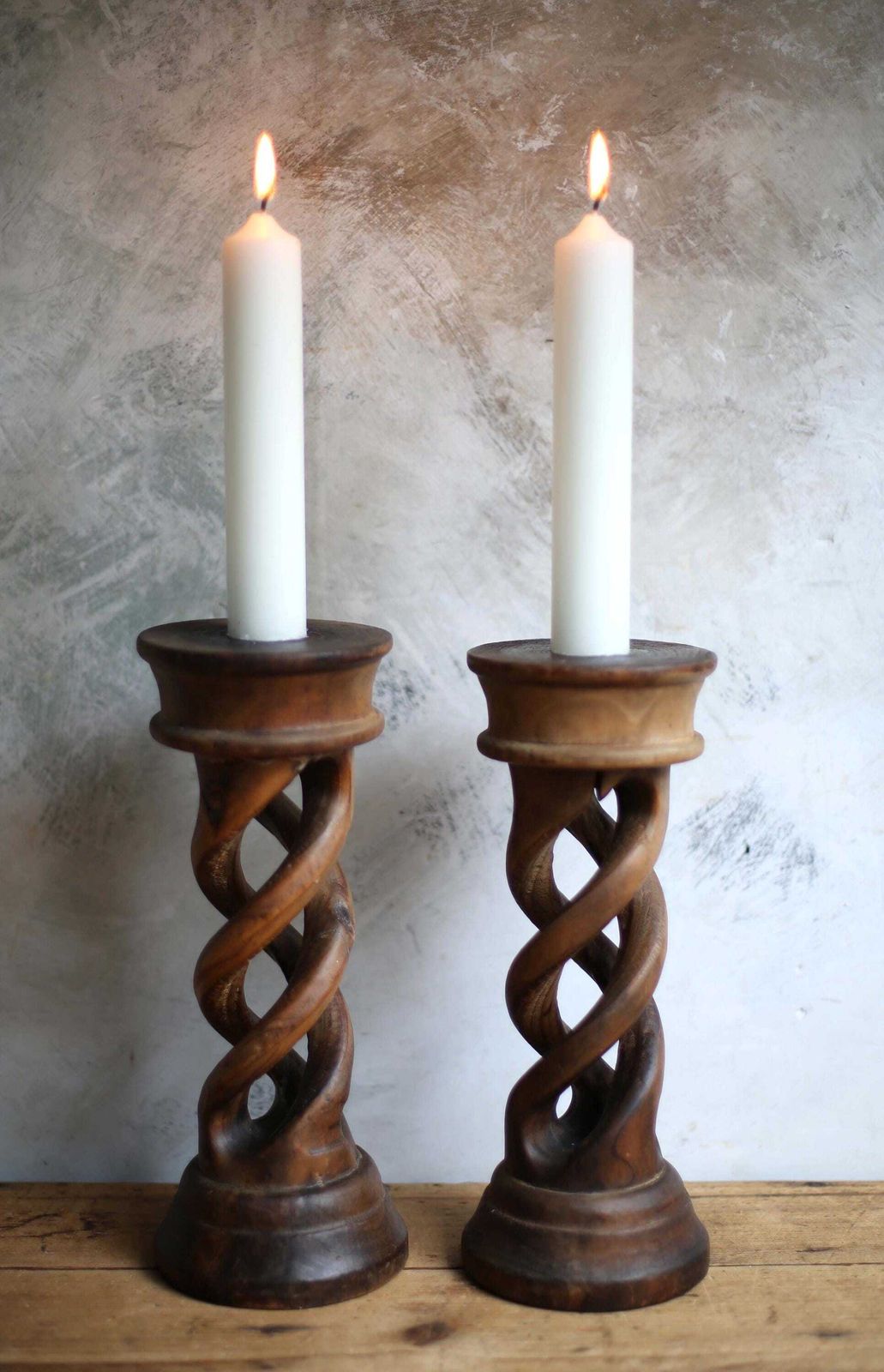 Pair Of Antique Open Barley Twist Candlesticks Carved Wood Spiral Candle Holders photo vintage