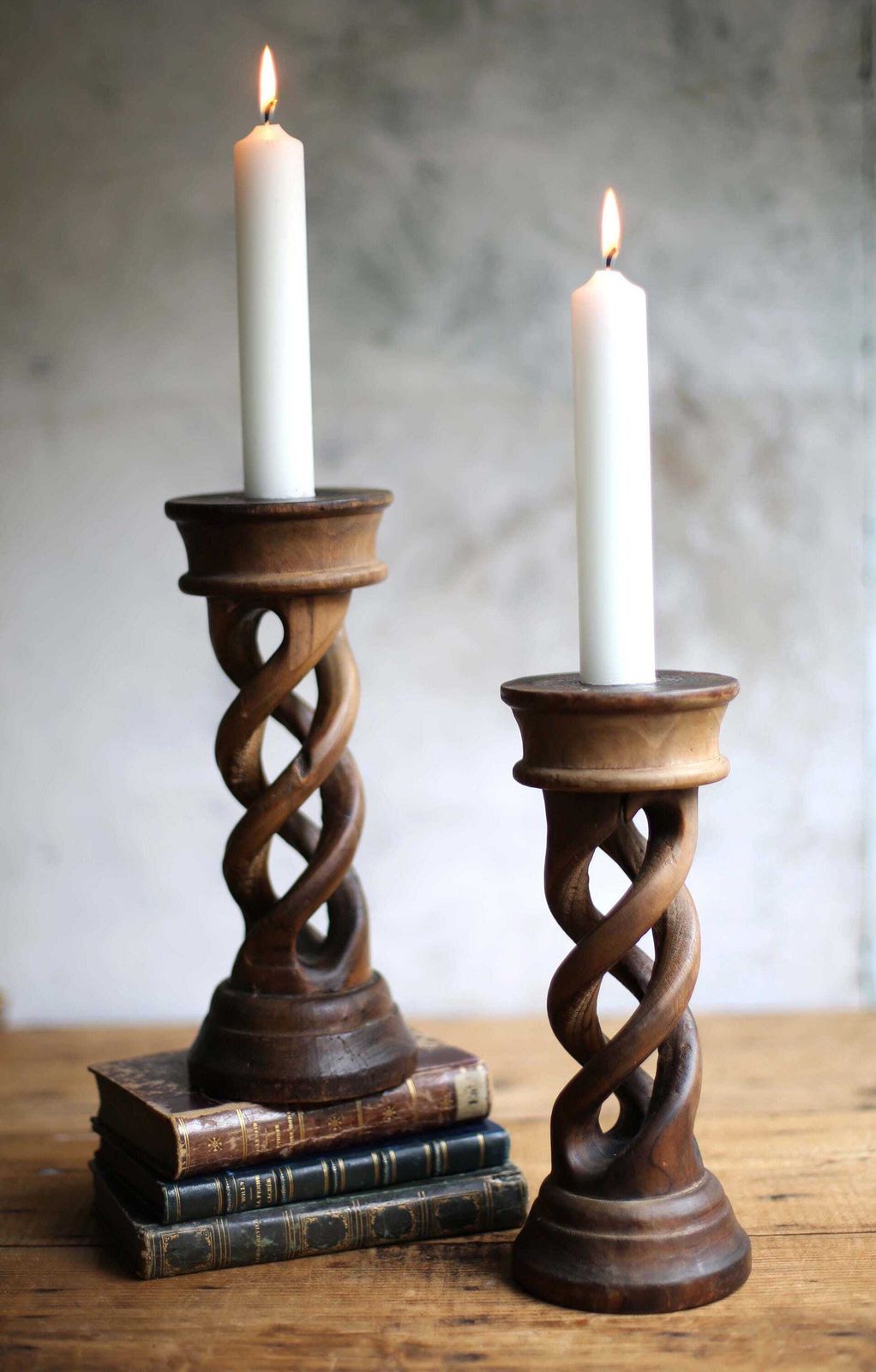 photo furniture Pair Of Antique Open Barley Twist Candlesticks Carved Wood Spiral Candle Holders