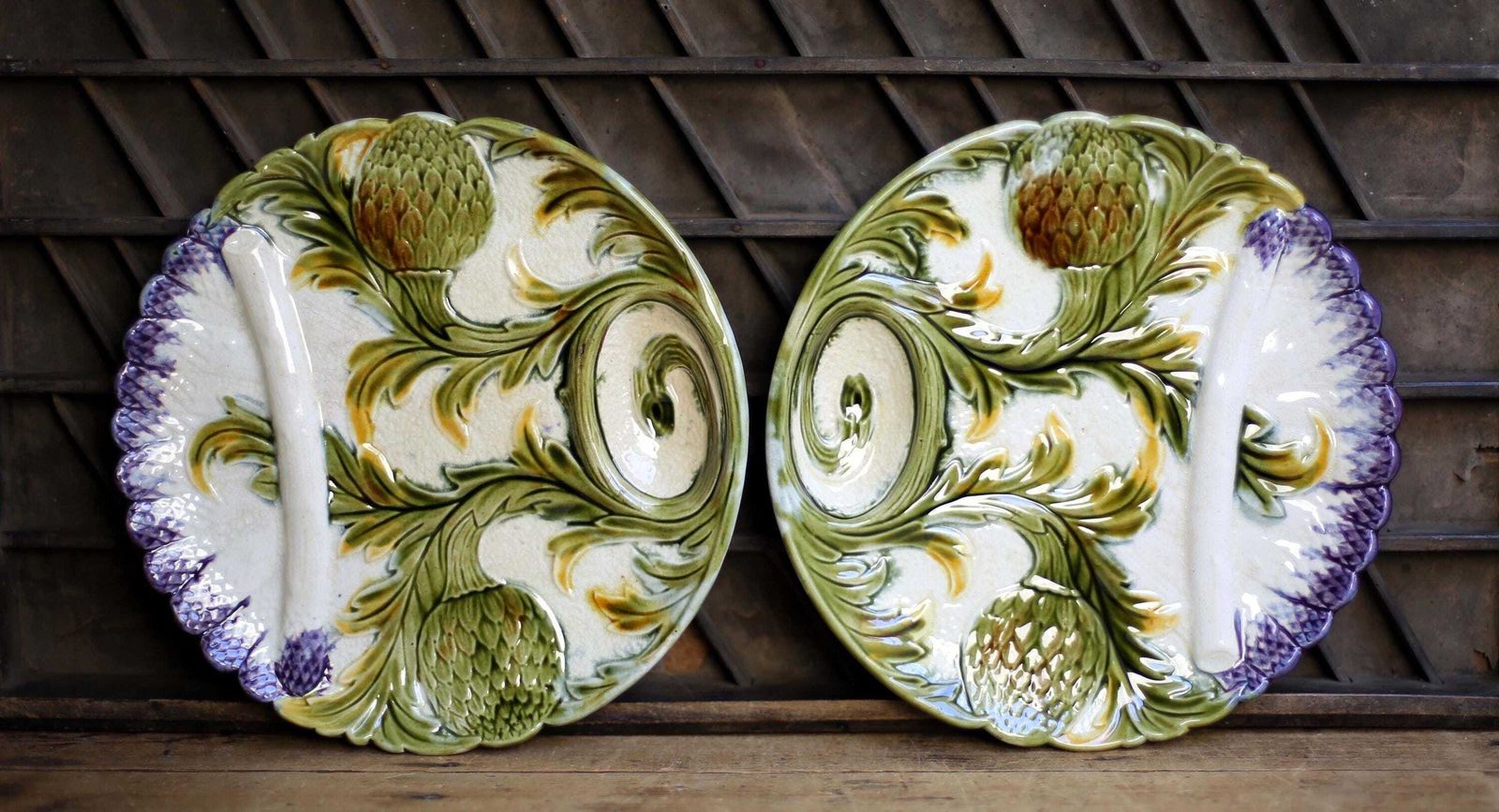 2 Antique Artichoke Plates Set Of Majolica French Asparagus Barbotine Serving Dishes Orchies photo for sale