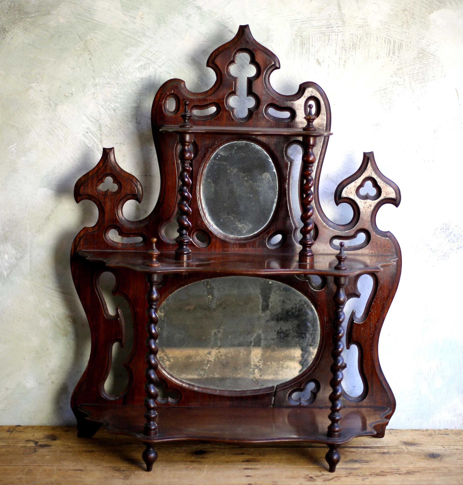 Antique Barely Twist Shelves French Art Nouveau Carved Wooden Shelf Mercury Glass Mirror