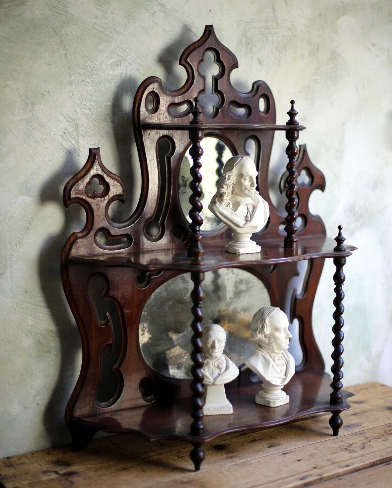 Antique Barely Twist Shelves French Art Nouveau Carved Wooden Shelf Mercury Glass Mirror photo furniture