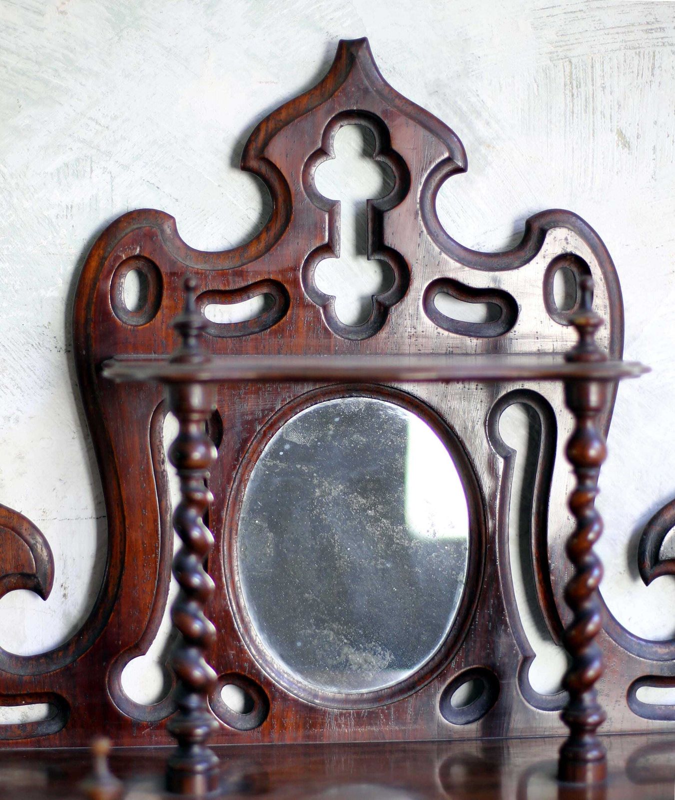 Antique Barely Twist Shelves French Art Nouveau Carved Wooden Shelf Mercury Glass Mirror photo 612.0