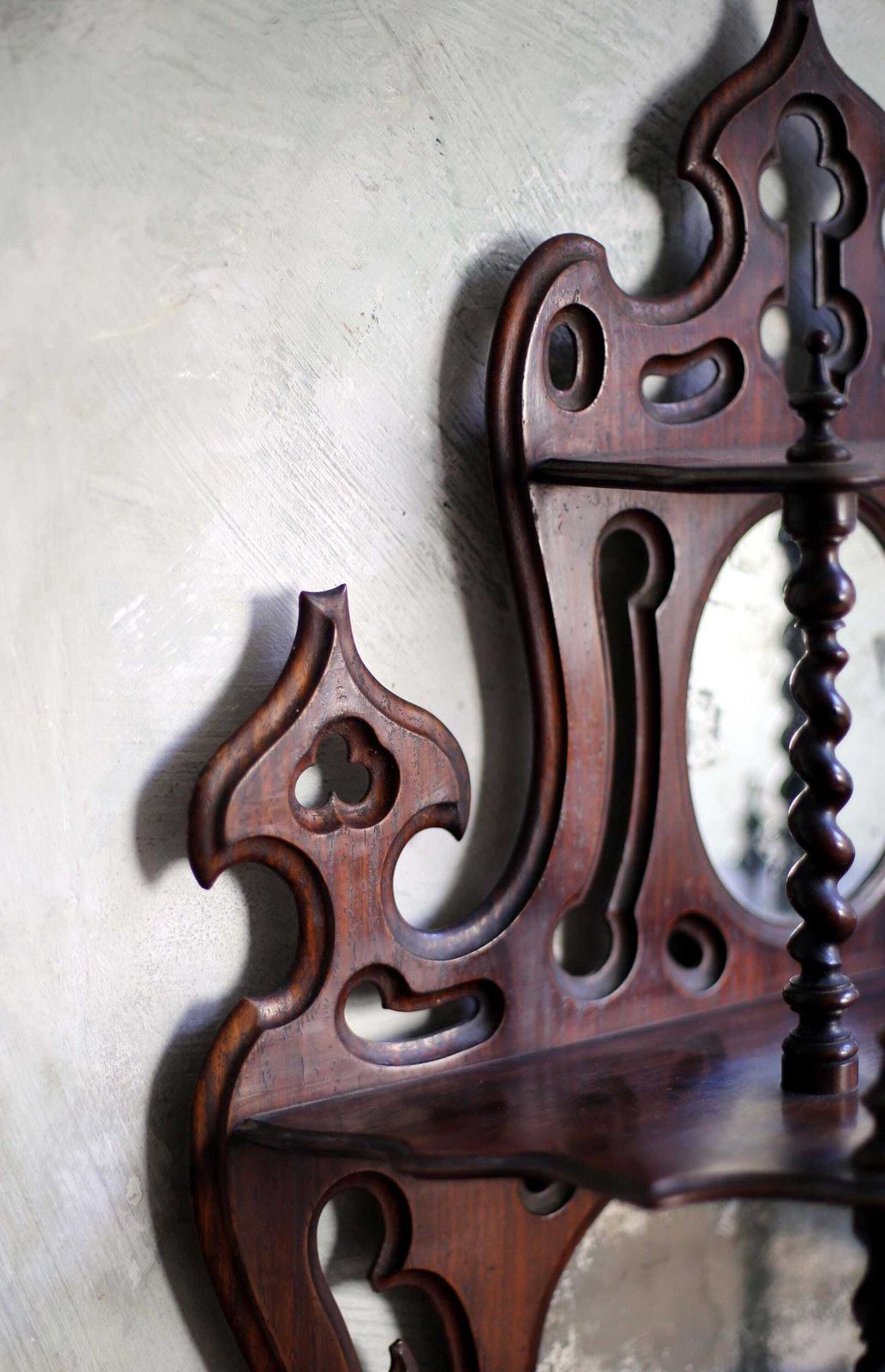 photo furniture Antique Barely Twist Shelves French Art Nouveau Carved Wooden Shelf Mercury Glass Mirror
