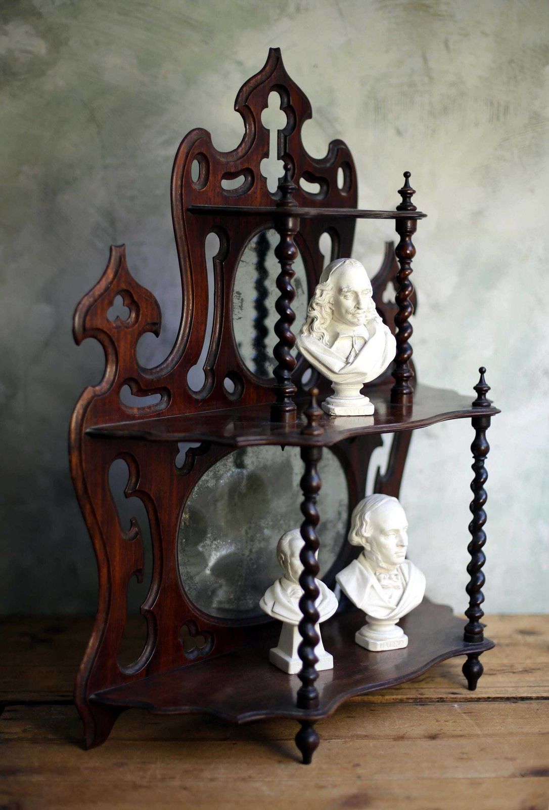 photo vinterior Antique Barely Twist Shelves French Art Nouveau Carved Wooden Shelf Mercury Glass Mirror