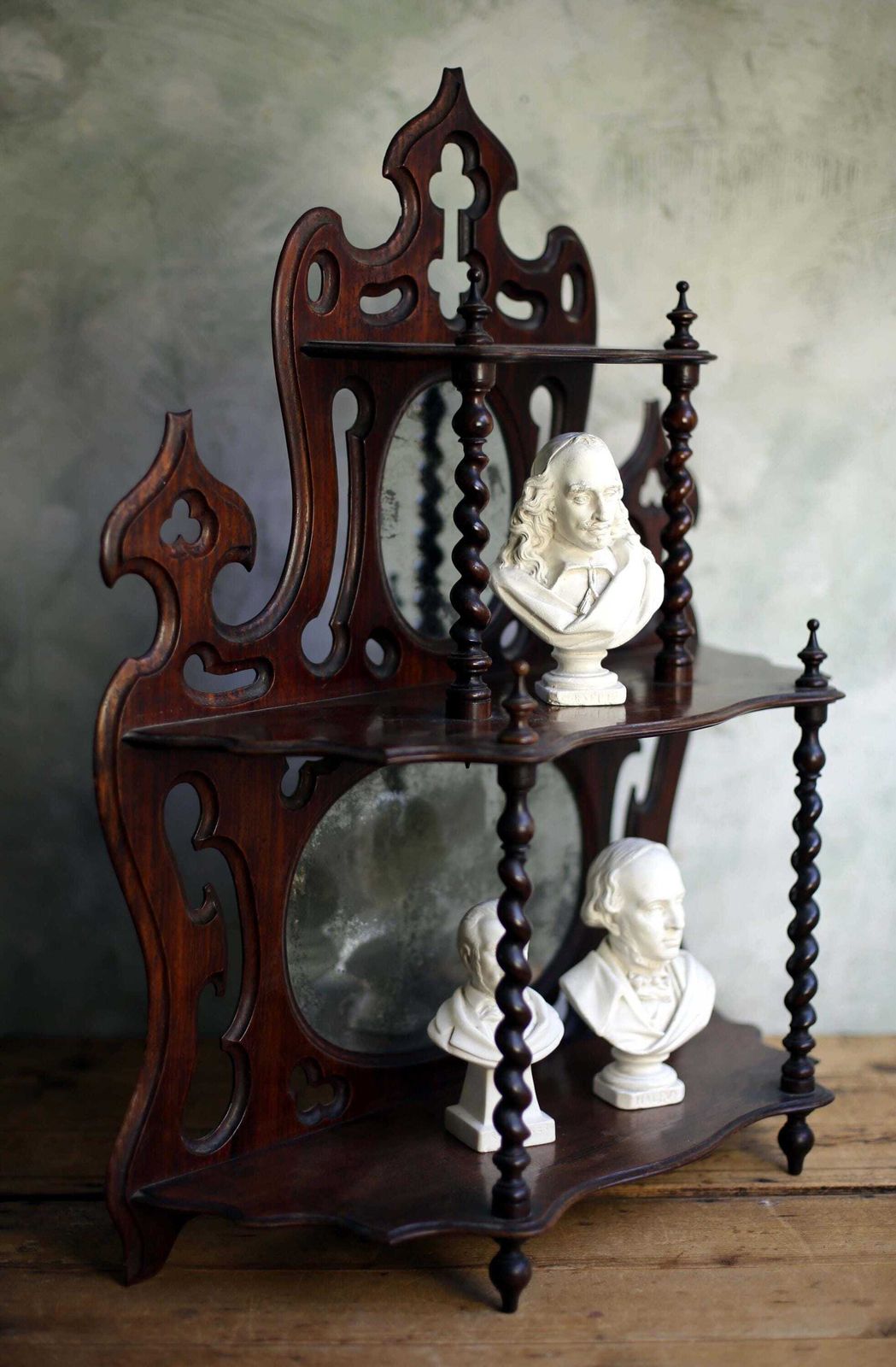 photo buy Antique Barely Twist Shelves French Art Nouveau Carved Wooden Shelf Mercury Glass Mirror