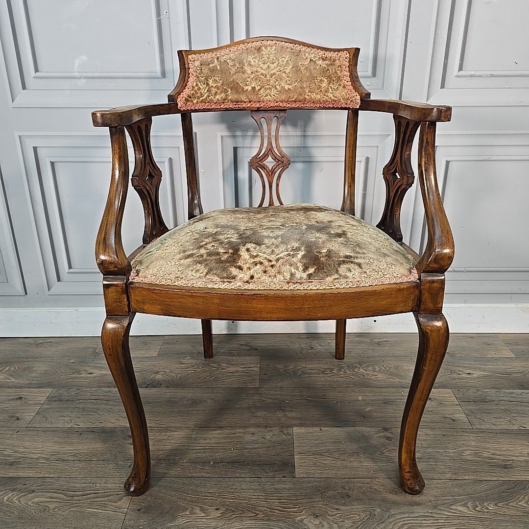 Antique Inlaid Armchair Edwardian Bedroom Chair Upholstered Wooden Elbow Seat photo vinterior