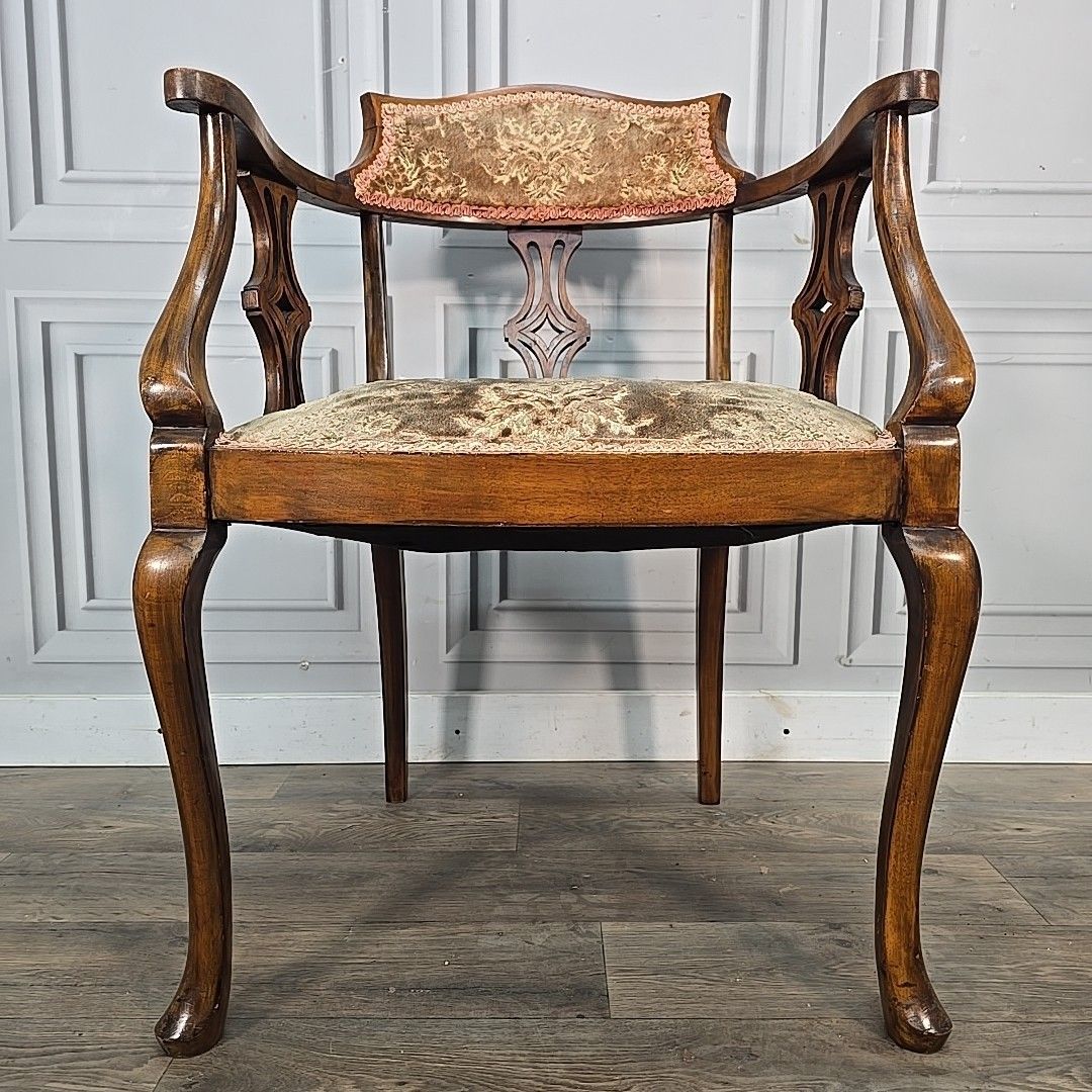 Antique Inlaid Armchair Edwardian Bedroom Chair Upholstered Wooden Elbow Seat photo buy