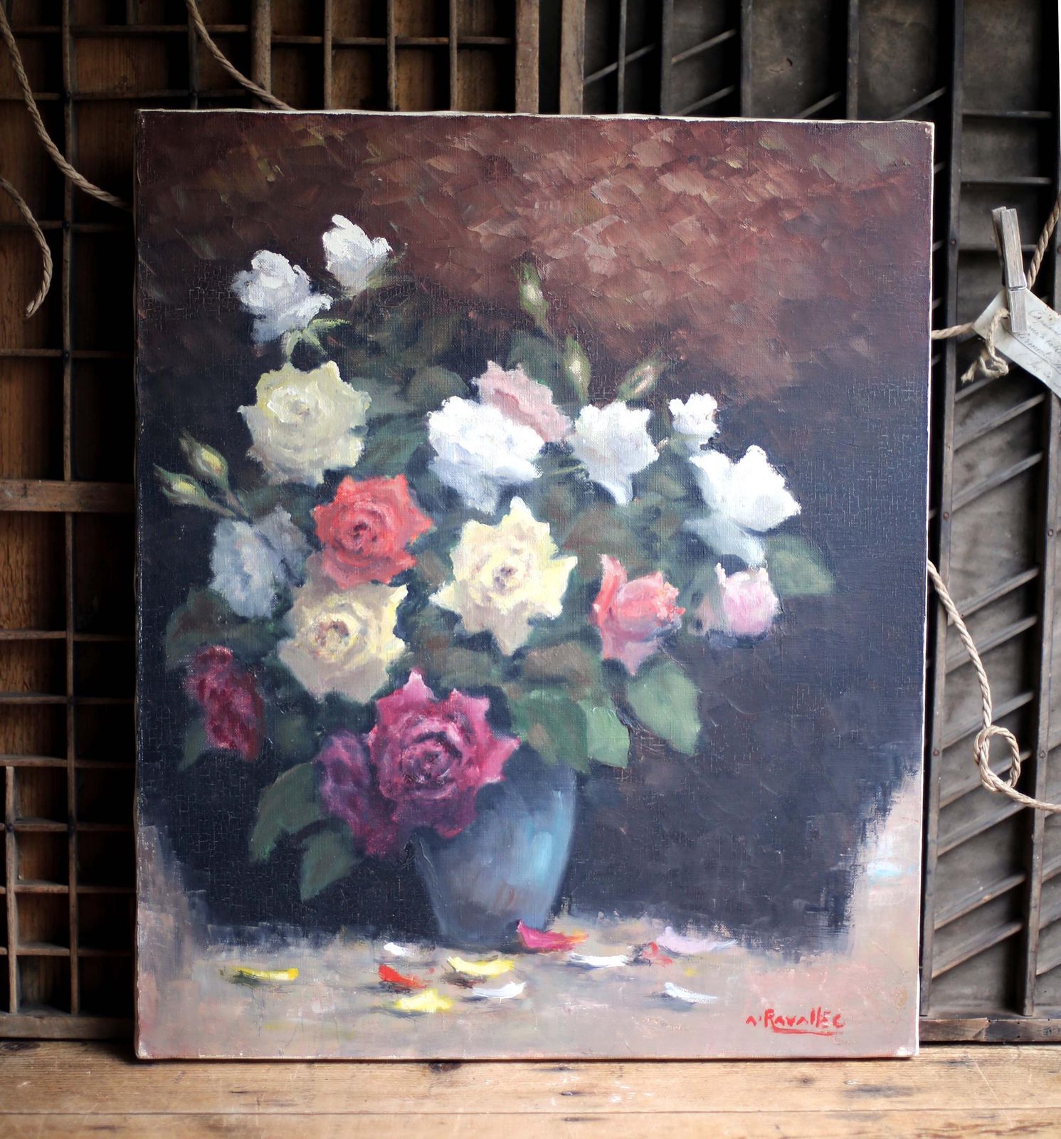 Original Adrien Ravallec Still Life Oil Painting Roses On Canvas Antique Floral Art