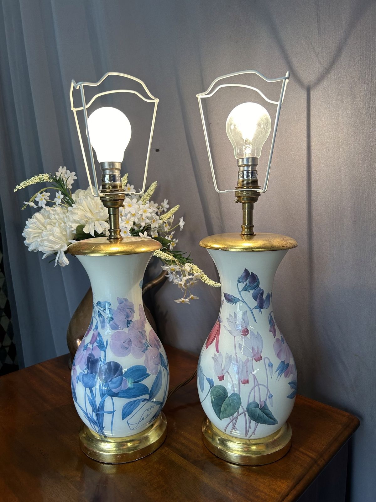 Pair Of Vintage Chinese Porcelain Lamps Floral Table Lights White Lamps photo Lighting