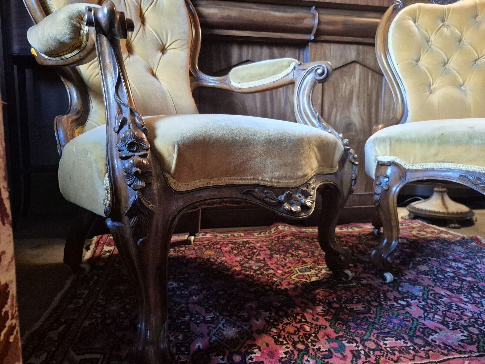 A Fab Pair Of Floral Carved Victorian Walnut Mustard Velvet Arm & Nursing Chairs photo for sale