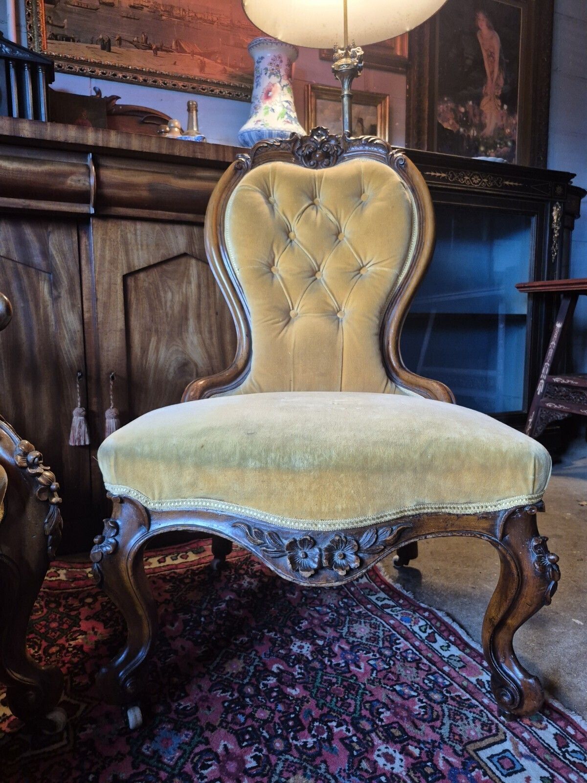 A Fab Pair Of Floral Carved Victorian Walnut Mustard Velvet Arm & Nursing Chairs photo buy