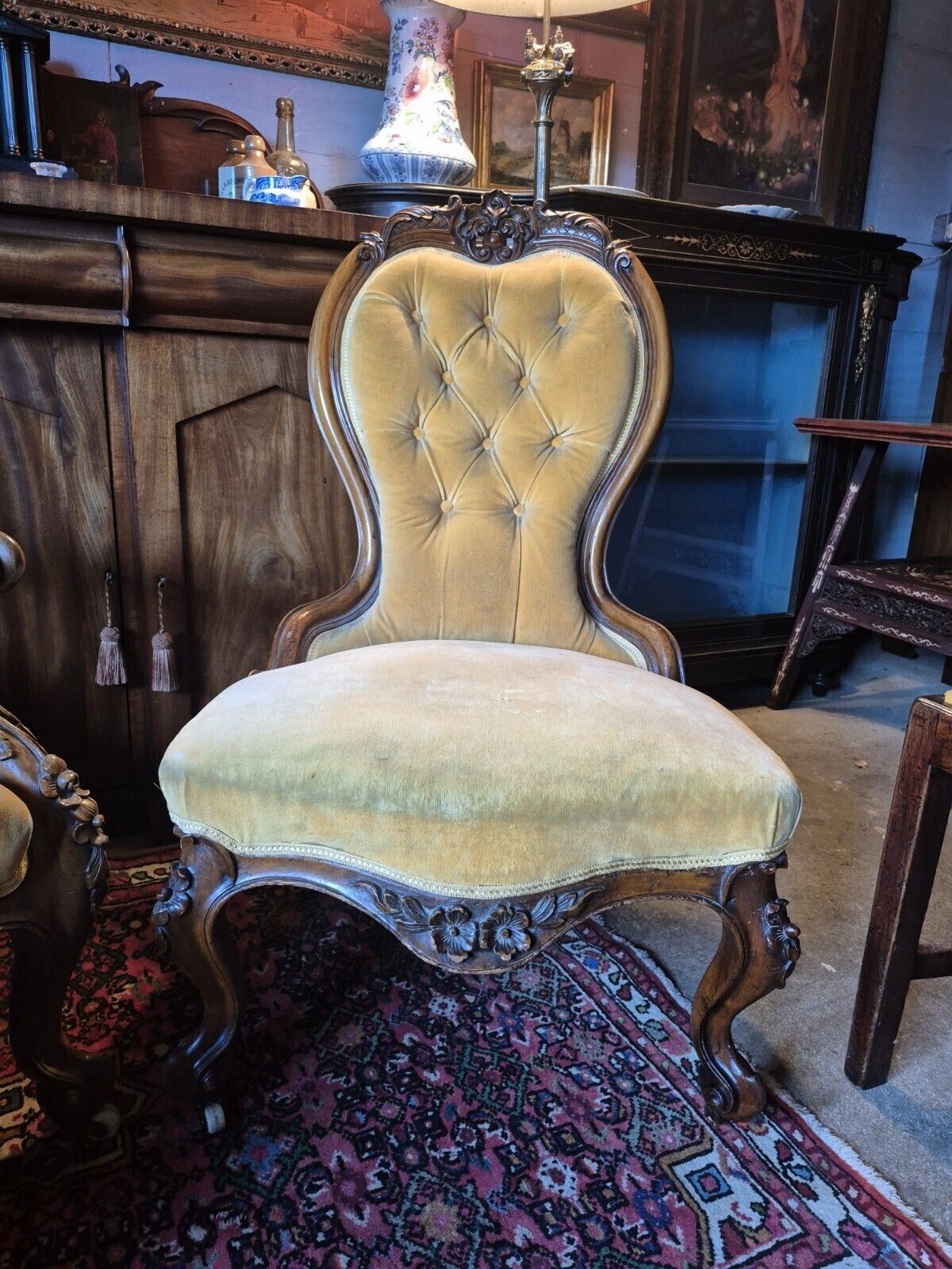 photo furniture A Fab Pair Of Floral Carved Victorian Walnut Mustard Velvet Arm & Nursing Chairs