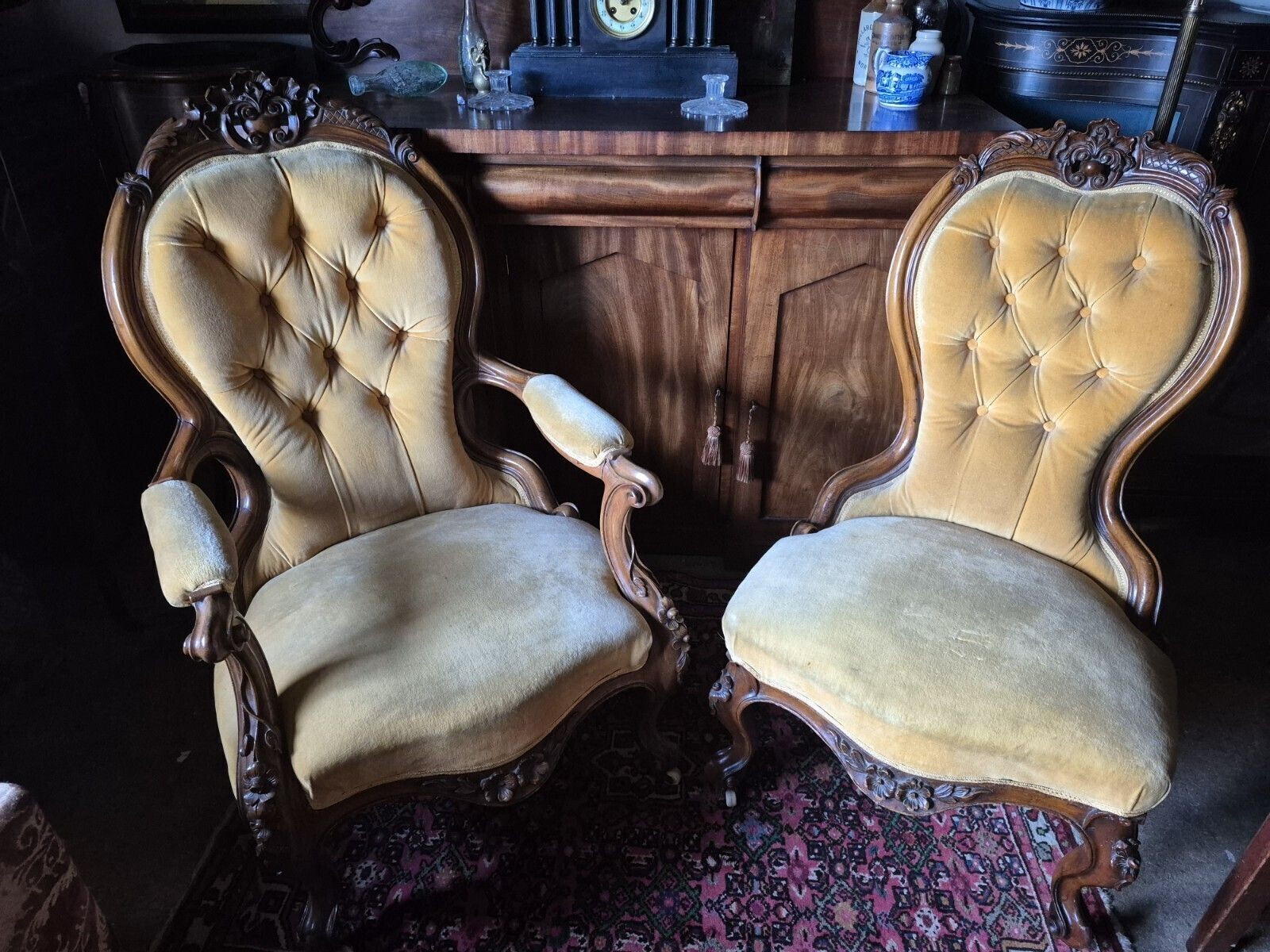 photo for sale A Fab Pair Of Floral Carved Victorian Walnut Mustard Velvet Arm & Nursing Chairs