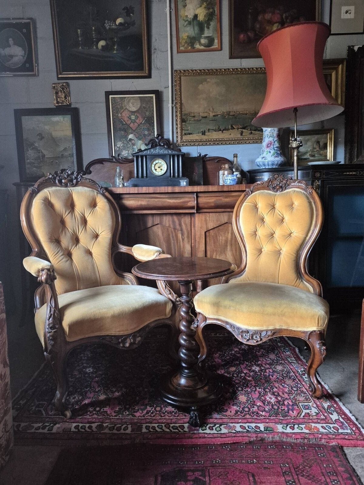 photo vinterior A Fab Pair Of Floral Carved Victorian Walnut Mustard Velvet Arm & Nursing Chairs