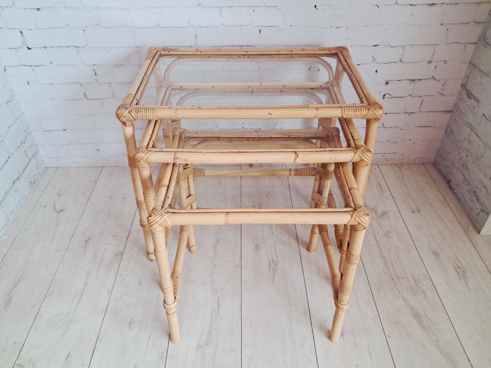 Vintage Bamboo Nest Tables Trio Glass Top Rattan Side Tables Boho Coastal 1970s photo buy