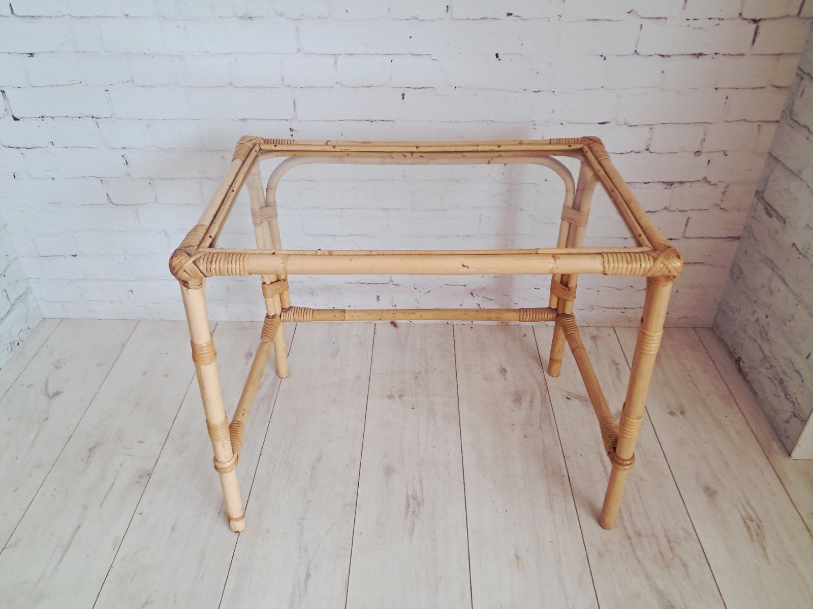 photo buy Vintage Bamboo Nest Tables Trio Glass Top Rattan Side Tables Boho Coastal 1970s