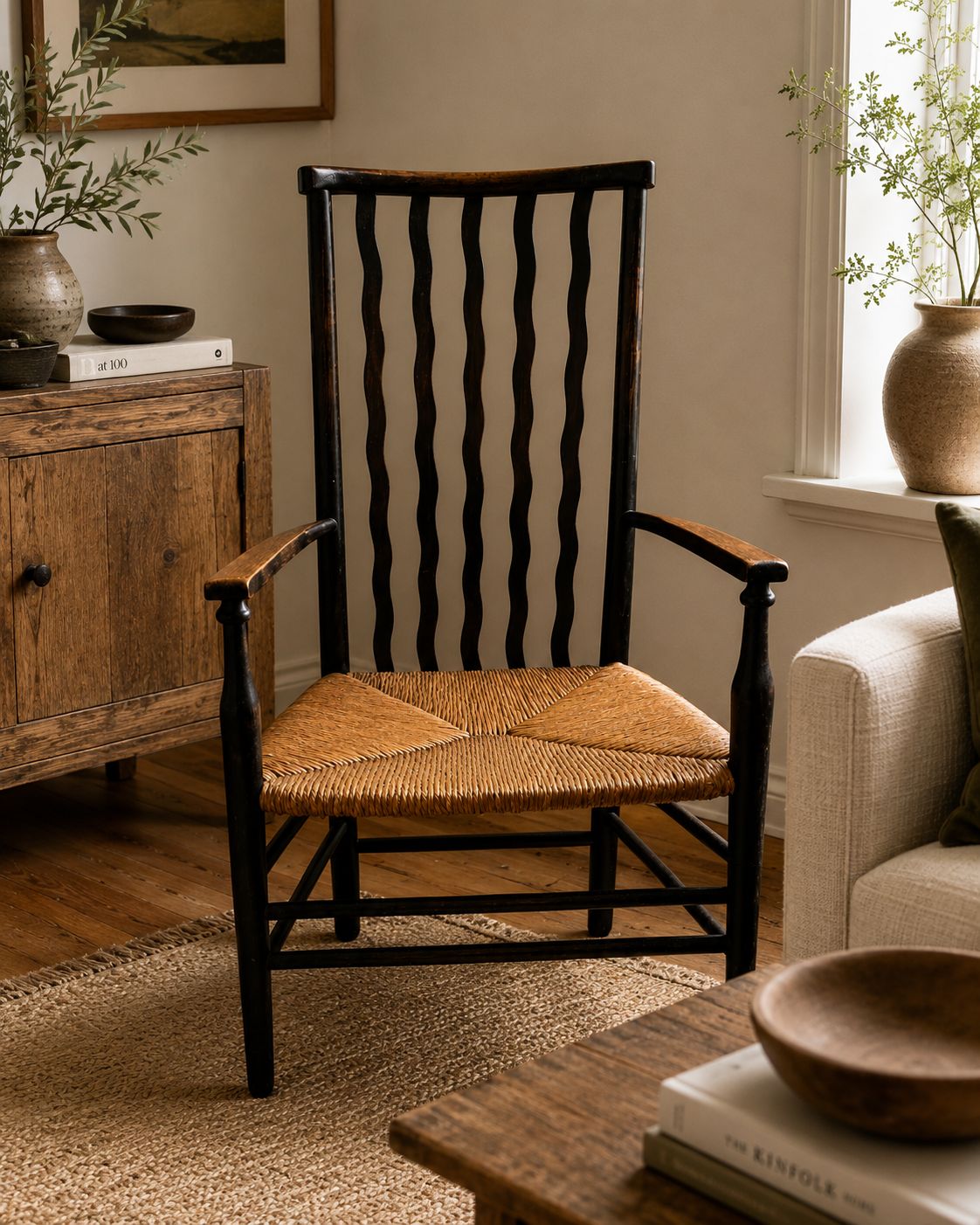 Liberty & Co Arts & Crafts Rush Seat Armchair With Wavy Splats C.1900 photo furniture