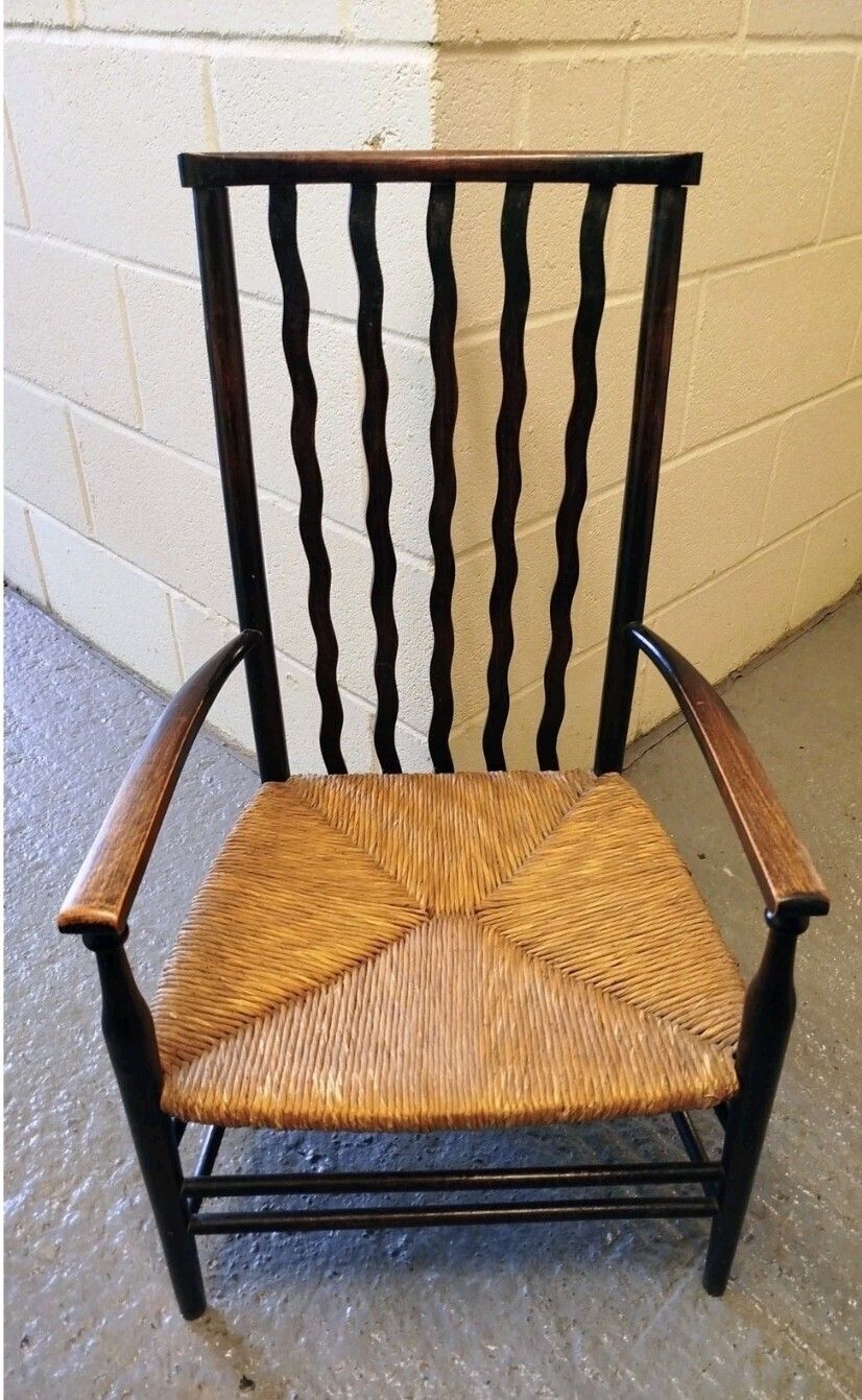 Liberty & Co Arts & Crafts Rush Seat Armchair With Wavy Splats C.1900 photo Furniture