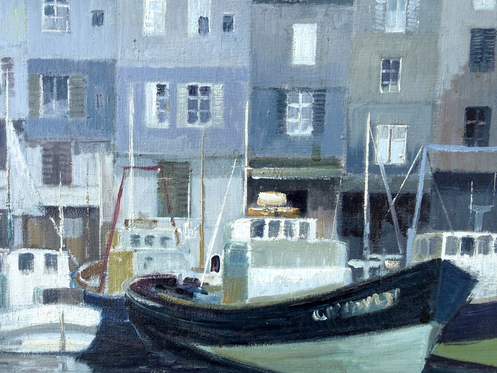 Peinture à l'huile Josep Maria Vayreda Canadell, port de Honfleur en Normandie avec bateaux et architecture historique, années 1990 photo Art