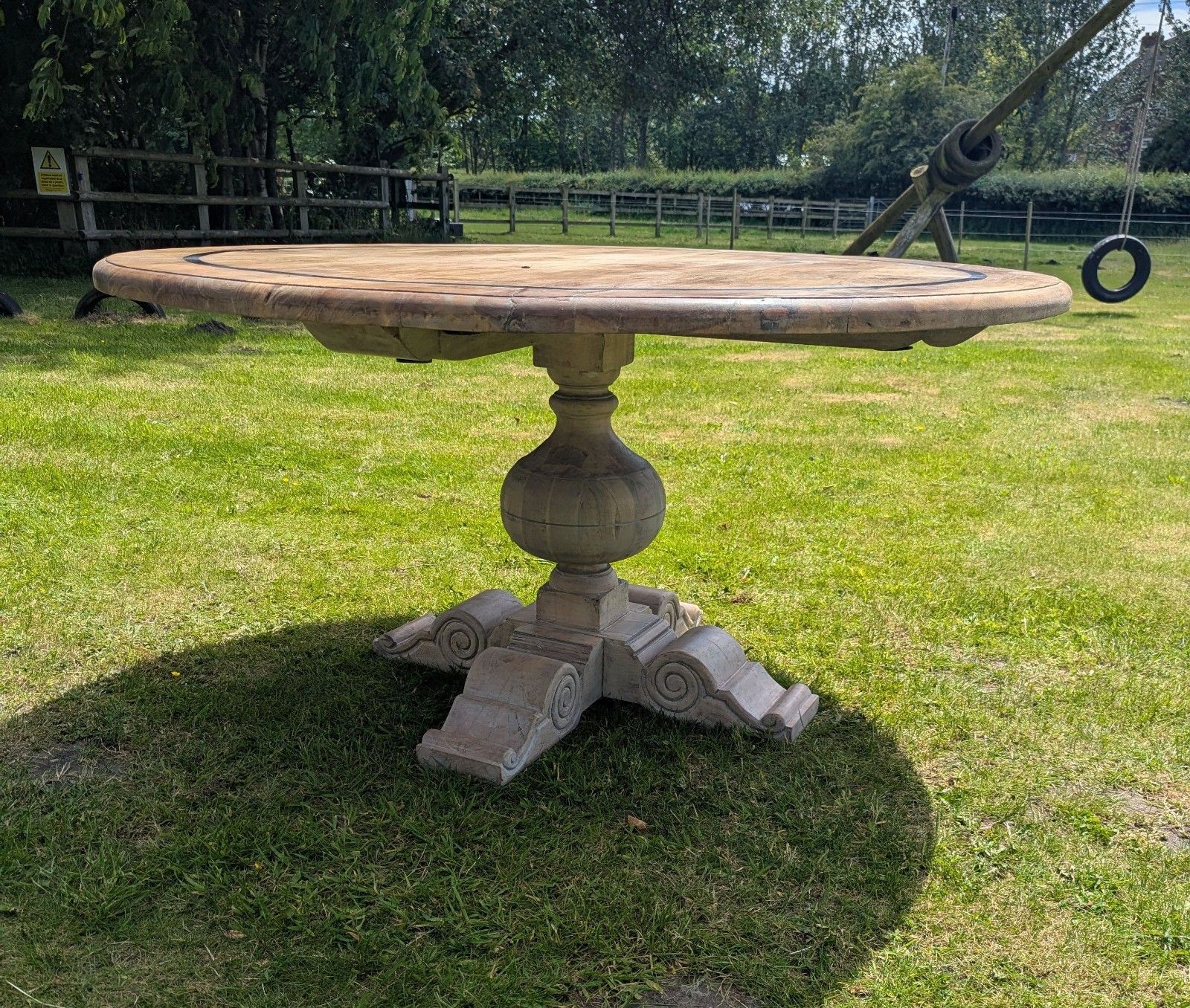photo furniture Large Vintage Acacia Wood Round Pedestal Table Delivery Available 0334.
