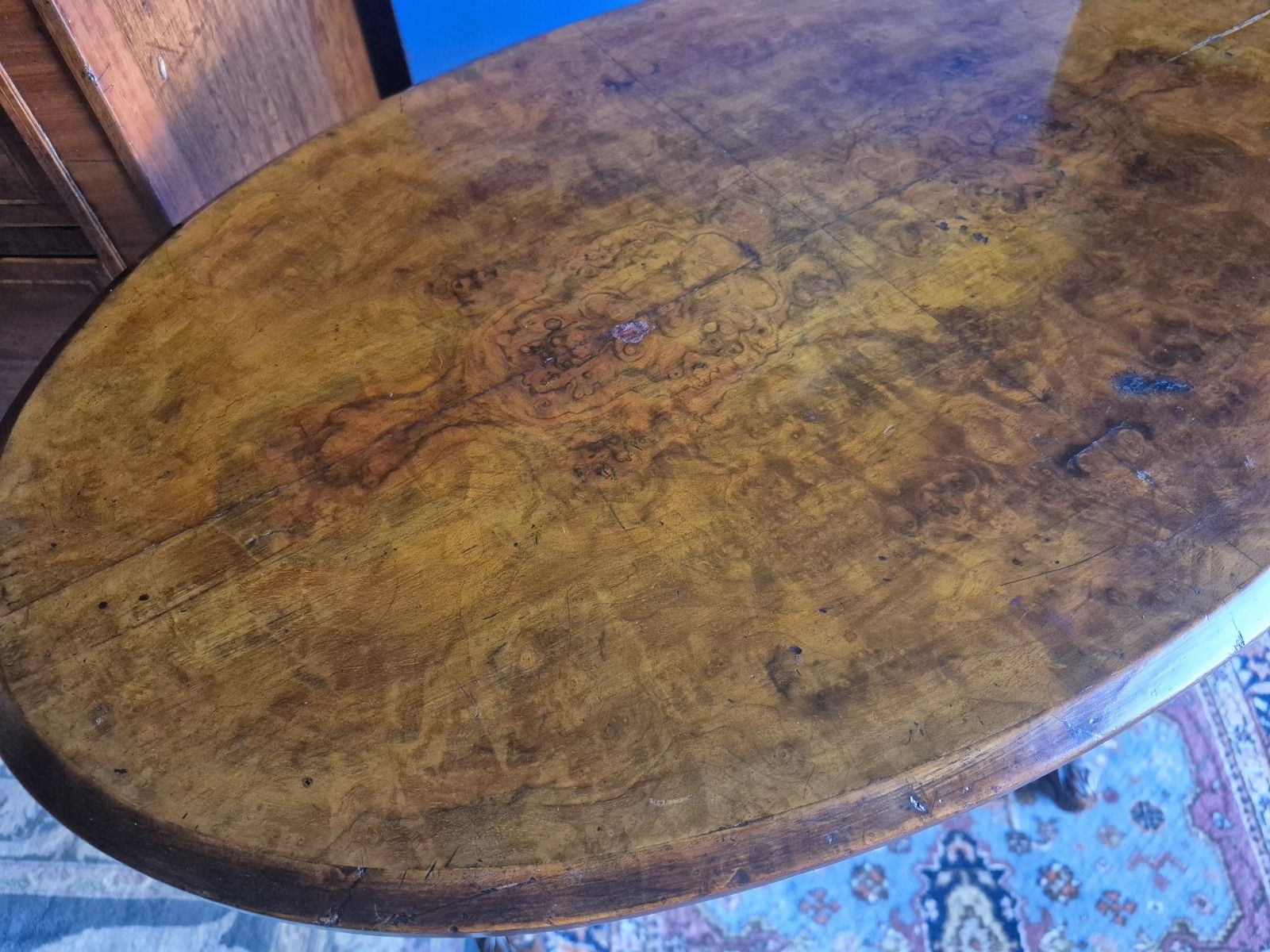 photo for sale Fabulous Quality Early Victorian Burr Walnut Quater Veneered Oval Top Lamp Table