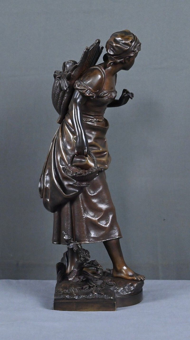 photo for sale Bronze "Young Girl With A Basket" Signed E. Bouret – Late 19th Century