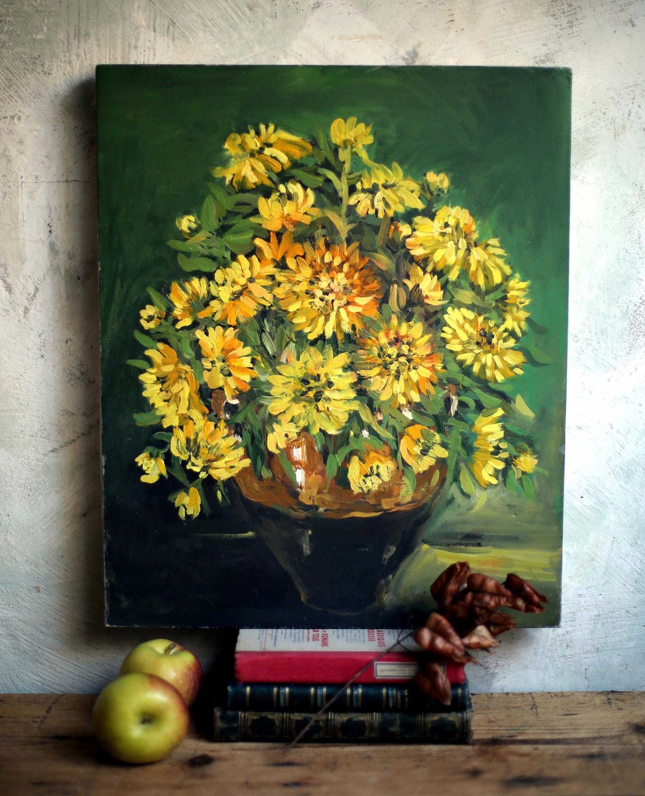 Original French Oil Painting On Canvas Yellow Sunflowers Flowers Floral Still Life Picture