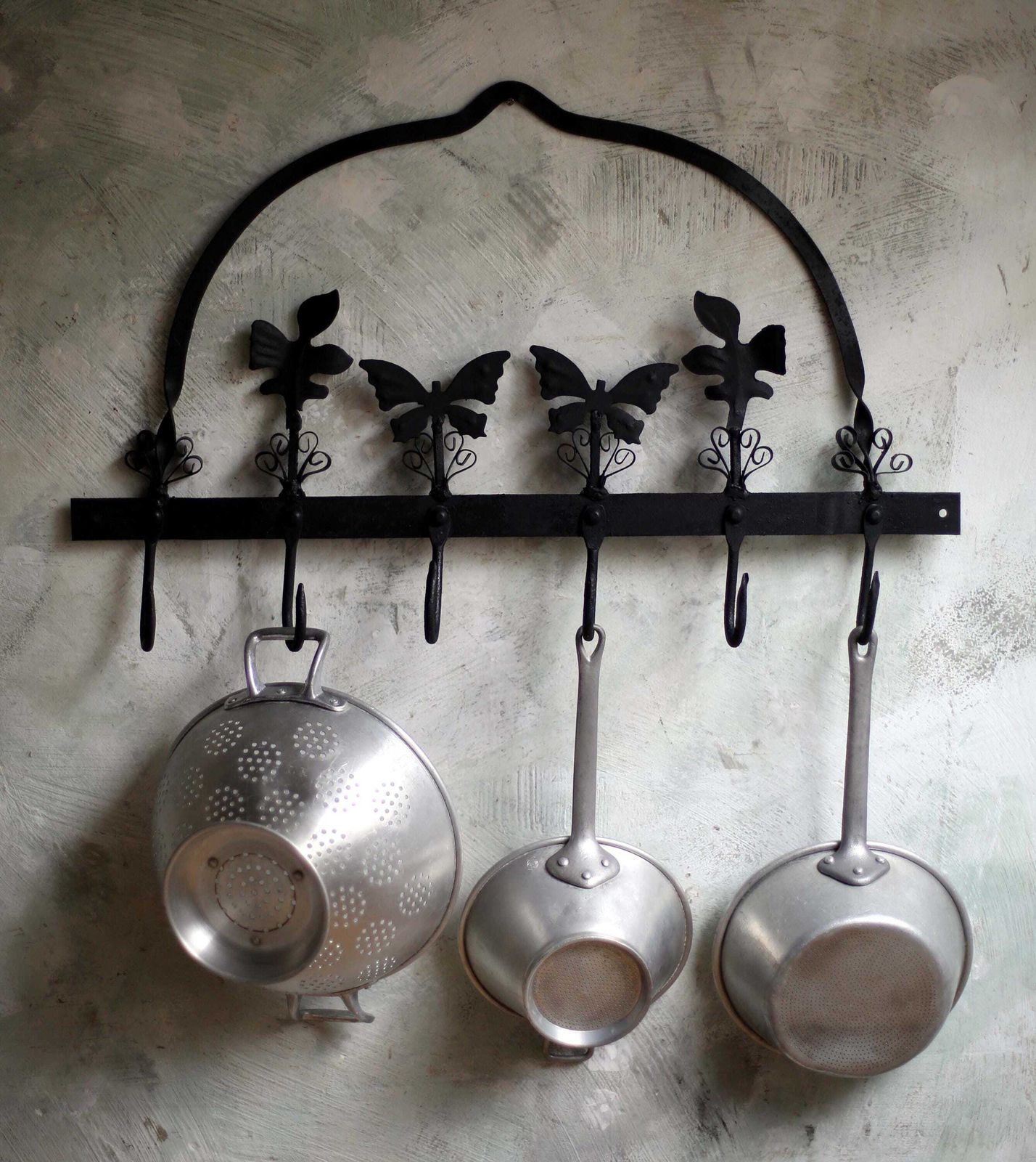 Antique Pan Rack Wall Mounted Pot Hanger Wrought Iron Hooks With Butterflies