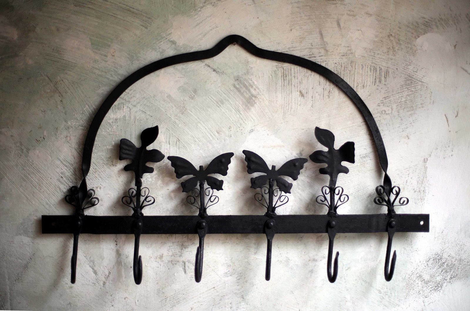 Antique Pan Rack Wall Mounted Pot Hanger Wrought Iron Hooks With Butterflies photo buy