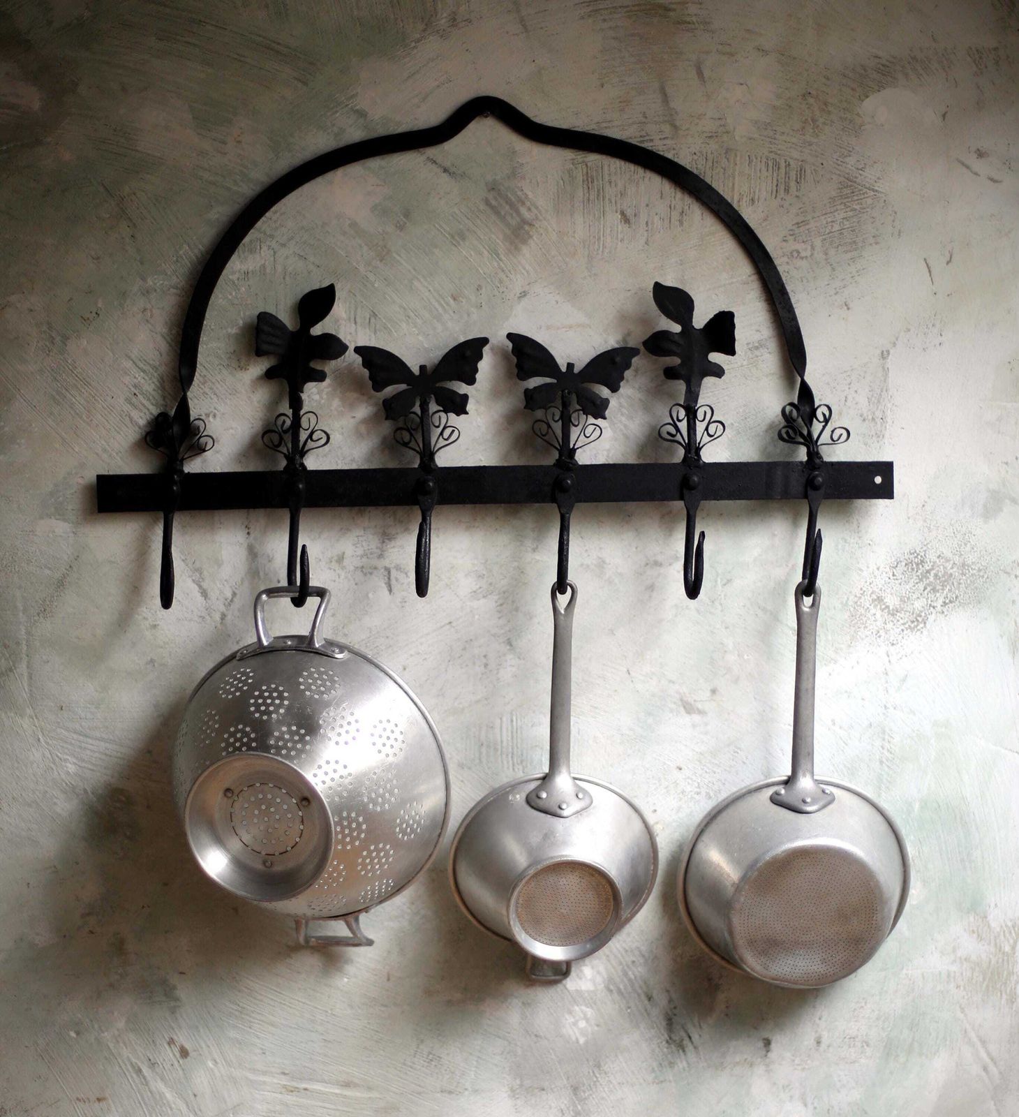 Antique Pan Rack Wall Mounted Pot Hanger Wrought Iron Hooks With Butterflies photo vintage