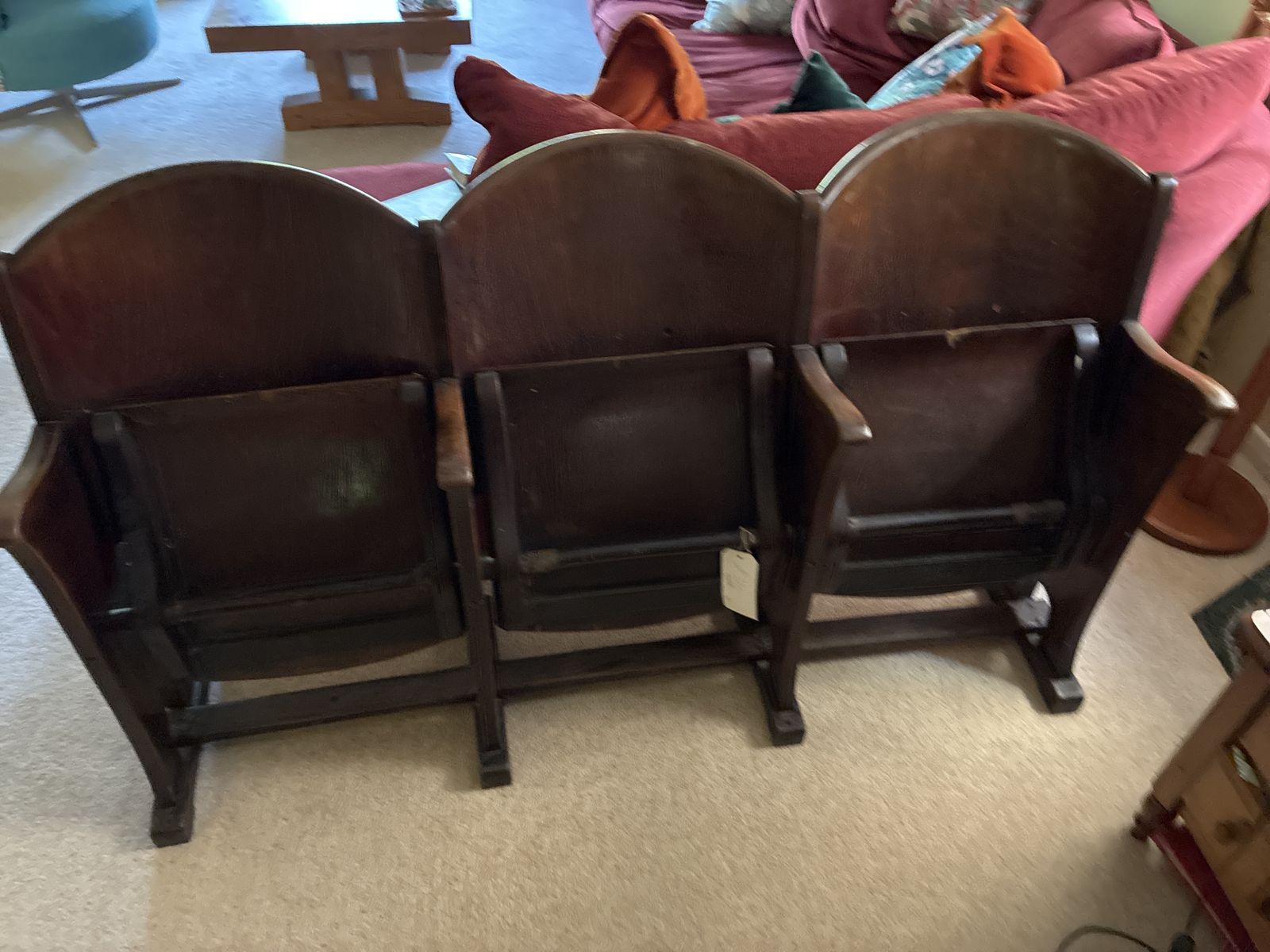 Set Of Three Cinema Chairs In Attractive Dark Wood Good Used Condition photo furniture