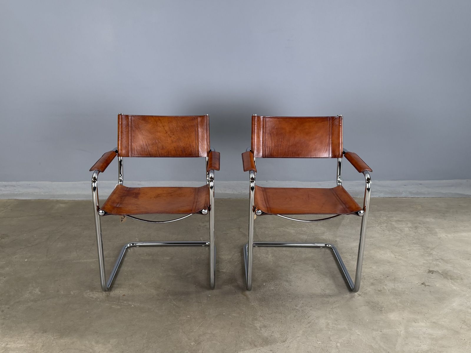 Pair Dining Or Desk Chair Mart Stam Marcel Breuer S34 Set Of 2 Two Chrome Tan Cognac Brown Leather Cantilever Bauhaus Matteo Grassi photo furniture