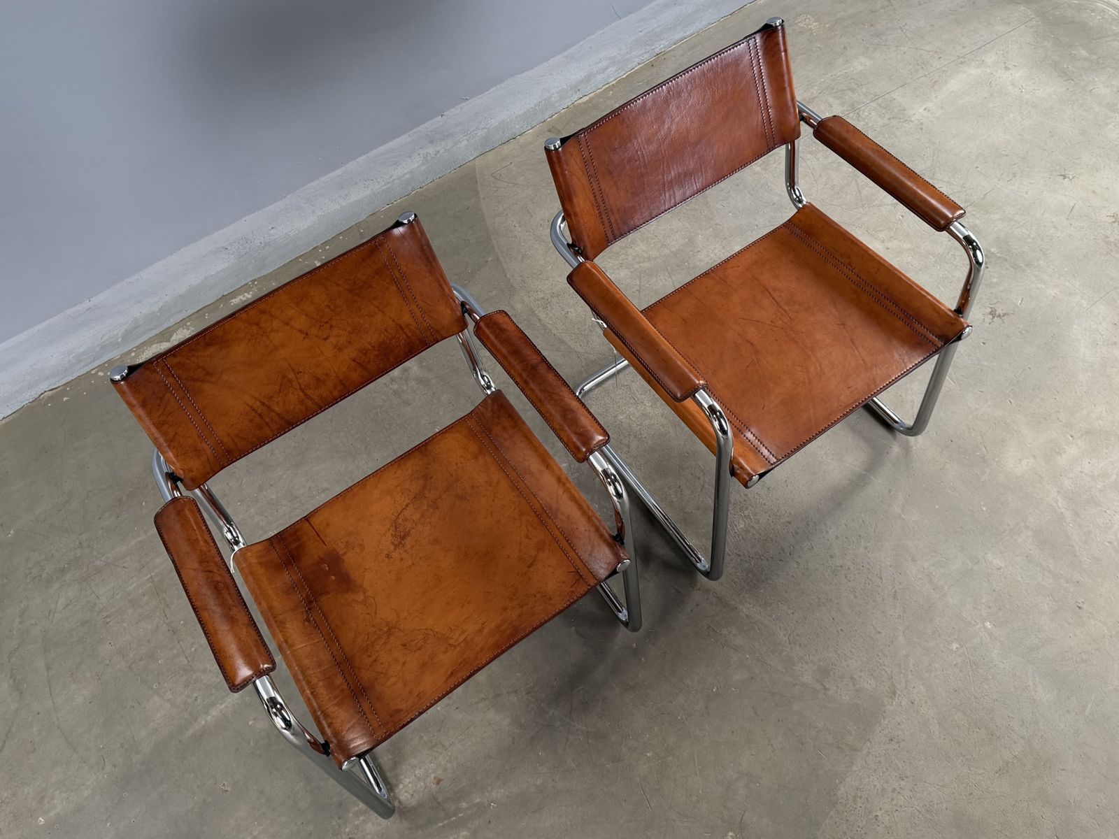 Pair Dining Or Desk Chair Mart Stam Marcel Breuer S34 Set Of 2 Two Chrome Tan Cognac Brown Leather Cantilever Bauhaus Matteo Grassi photo Furniture