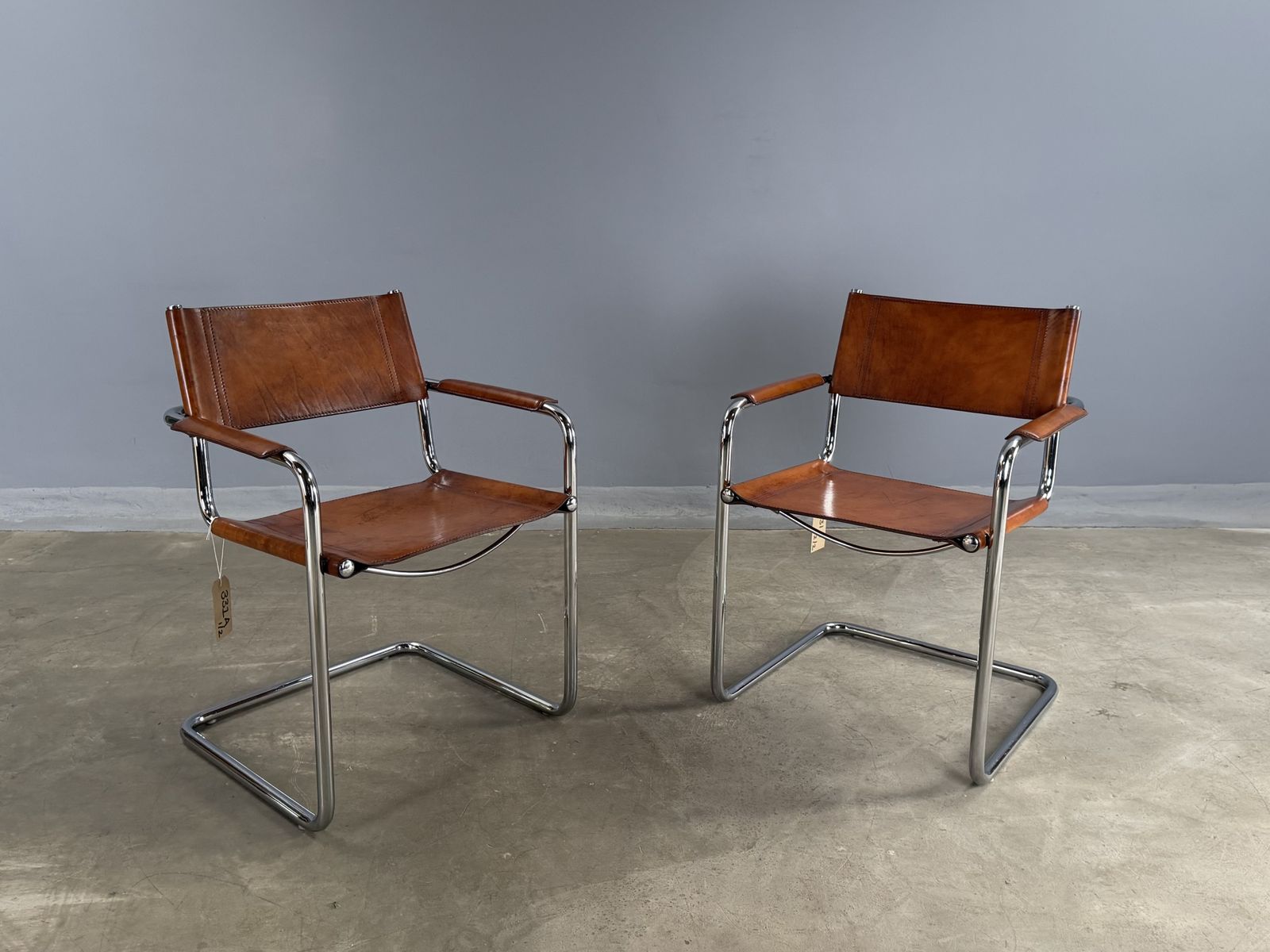 Pair Dining Or Desk Chair Mart Stam Marcel Breuer S34 Set Of 2 Two Chrome Tan Cognac Brown Leather Cantilever Bauhaus Matteo Grassi photo vintage