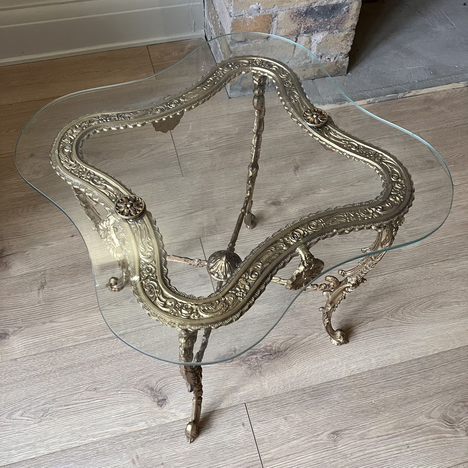 An Antique French Brass And Glass Side Table photo vintage