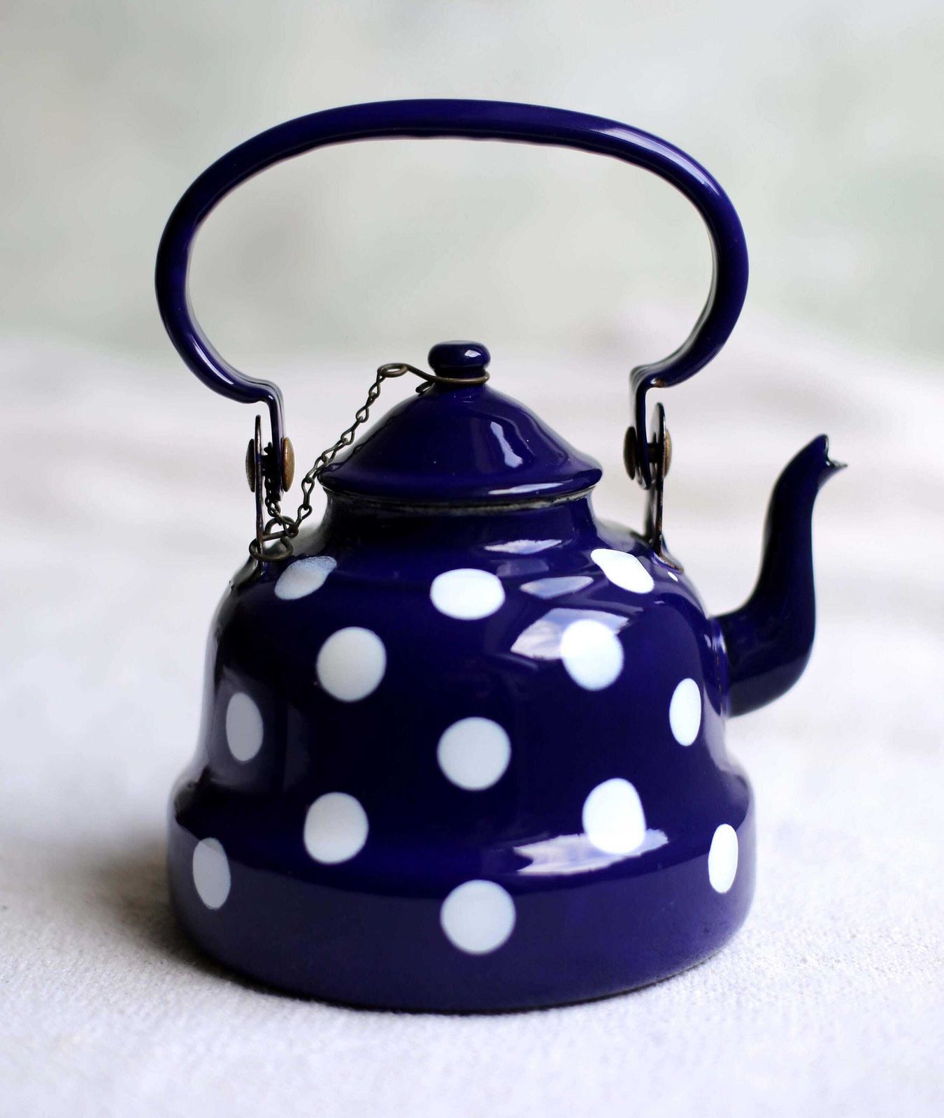 photo furniture Vintage French Polka Dot Enamel Tea Kettle Blue & White Enamelware Spotty Teapot