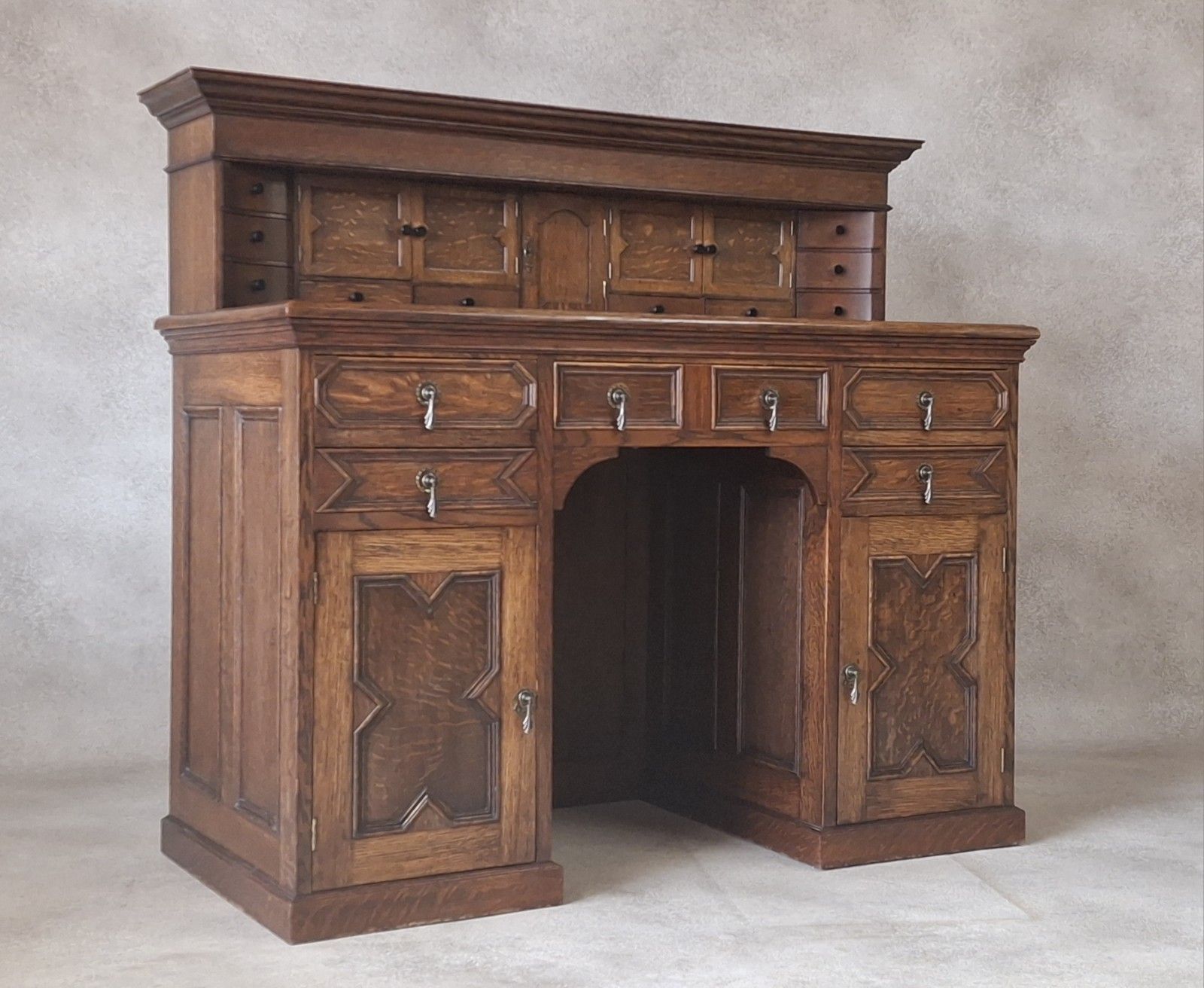 Large Antique Edwardian Jacobean Revival Oak Pedestal Desk Gallery Top photo furniture