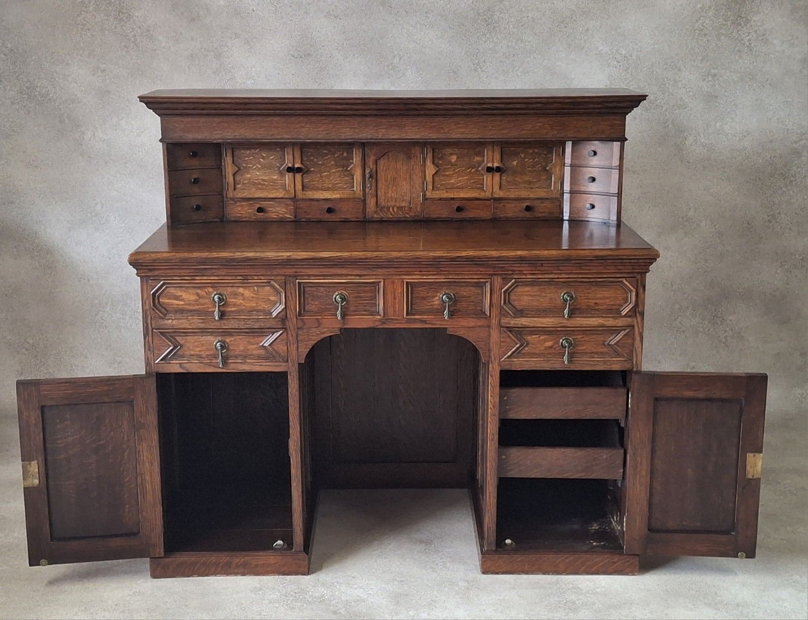 Large Antique Edwardian Jacobean Revival Oak Pedestal Desk Gallery Top photo Furniture