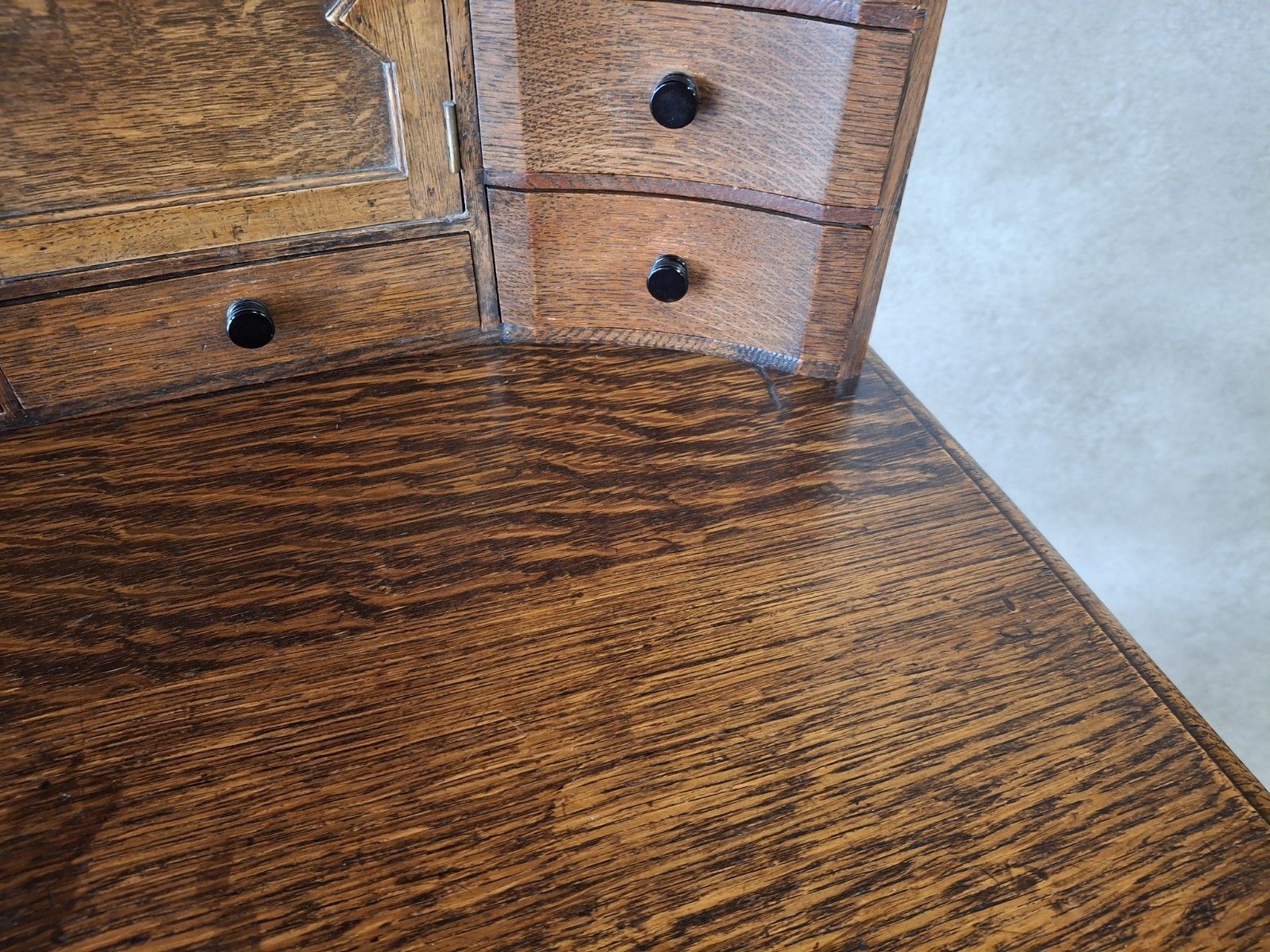 Furniture Large Antique Edwardian Jacobean Revival Oak Pedestal Desk Gallery Top photo