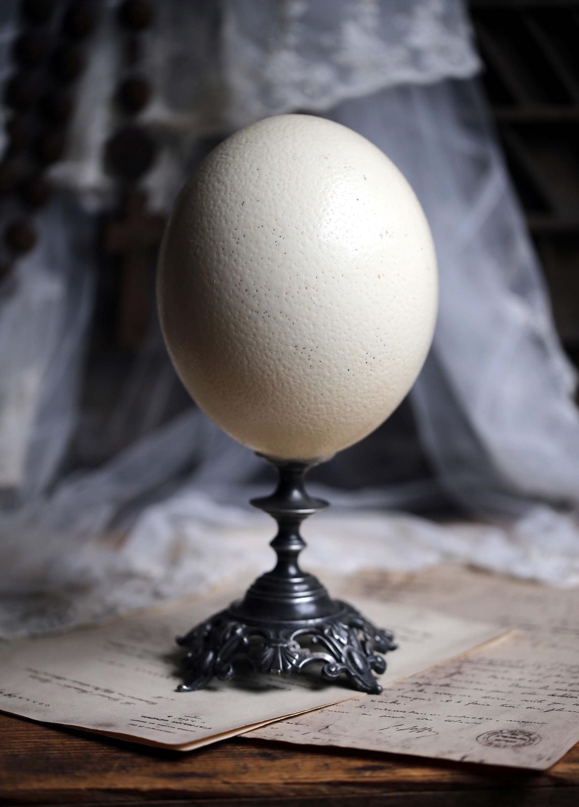 Antique Ostrich Egg And Pewter Display Stand Specimen For Cabinet Of Curiosities Rococo Style photo furniture