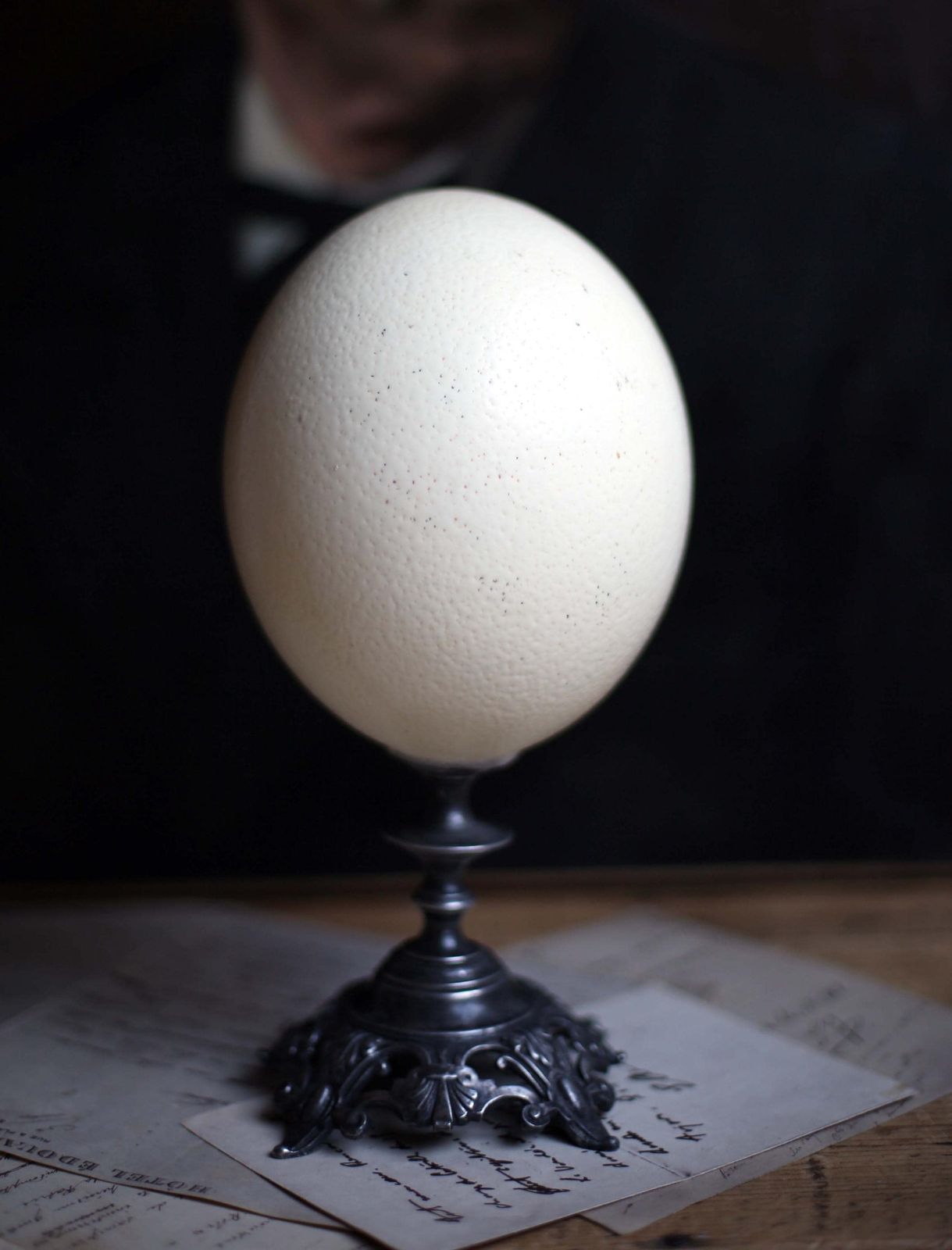 Antique Ostrich Egg And Pewter Display Stand Specimen For Cabinet Of Curiosities Rococo Style photo 222.0