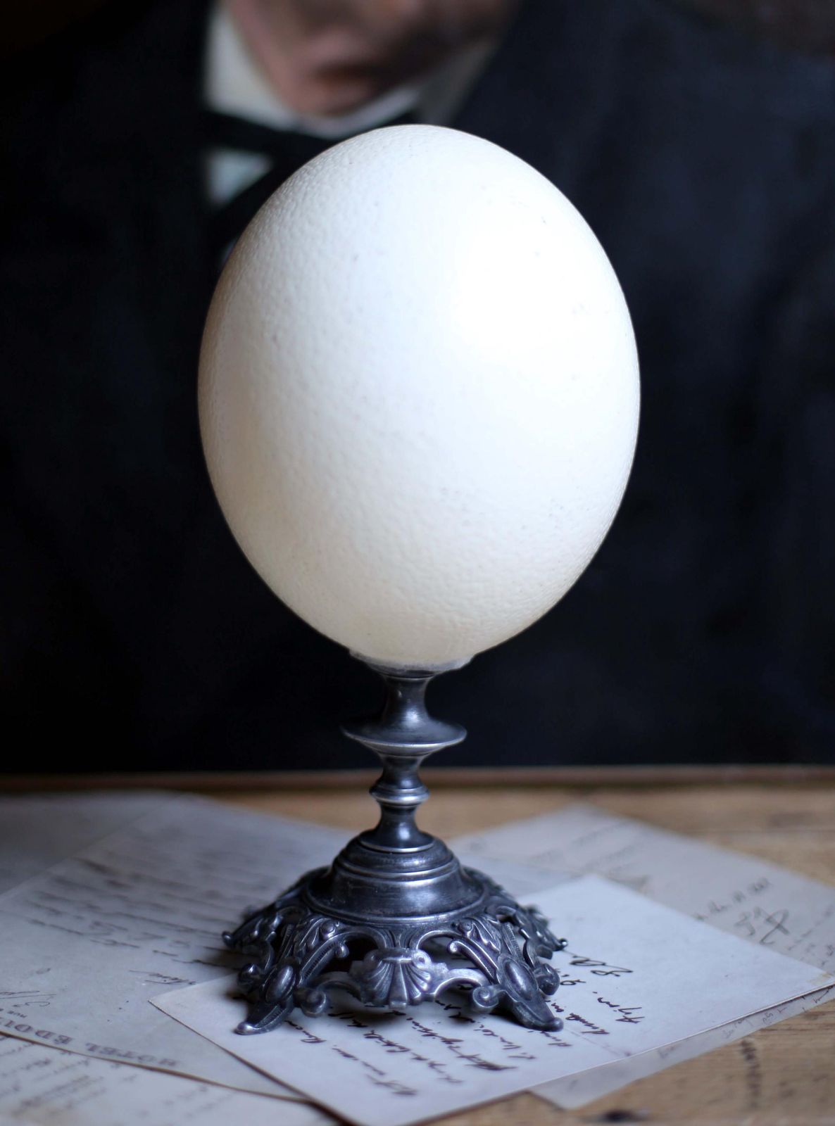 Antique Ostrich Egg And Pewter Display Stand Specimen For Cabinet Of Curiosities Rococo Style photo vinterior
