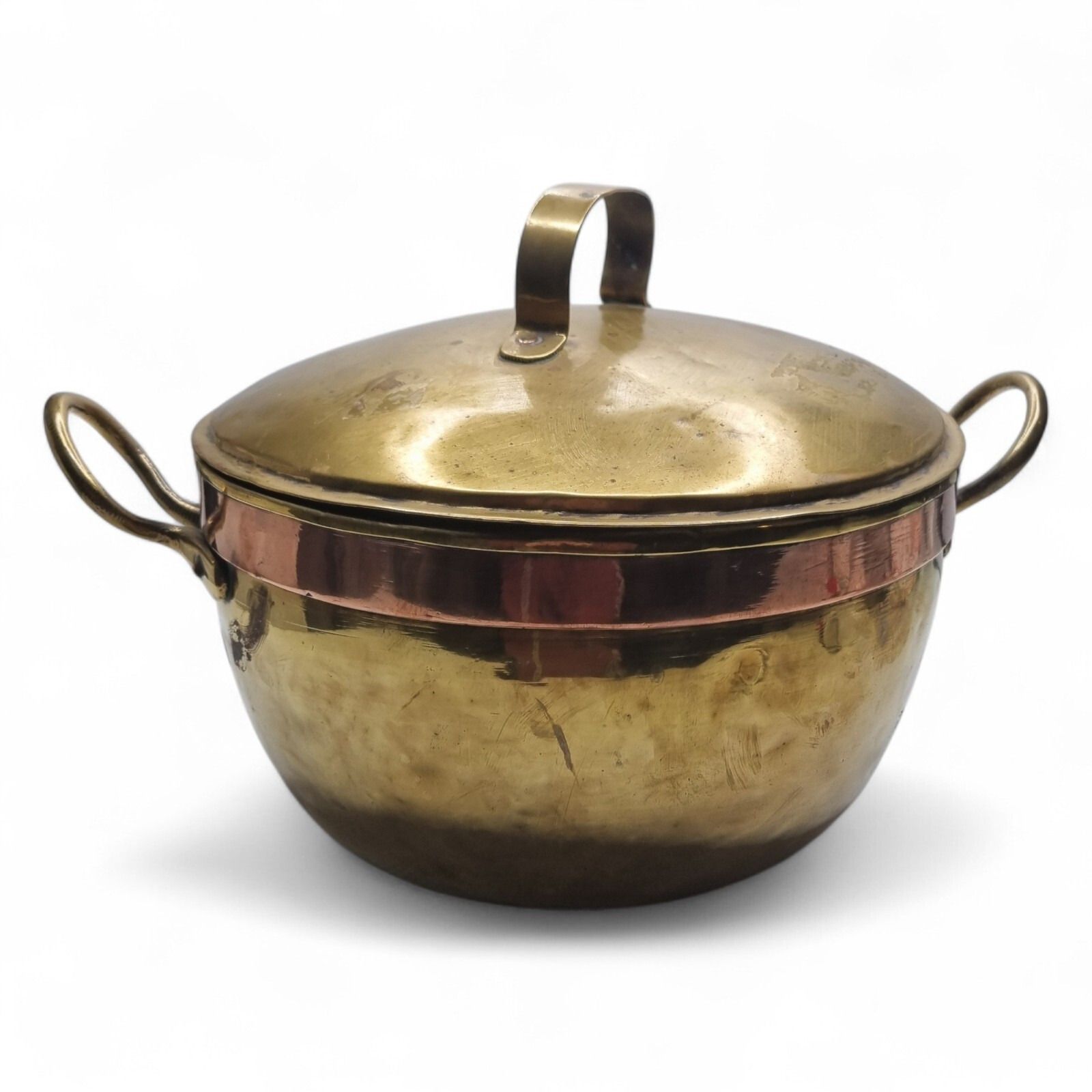 Antique Copper And Brass Cooking Pot Lidded Cauldron 19th Century Stock Pot