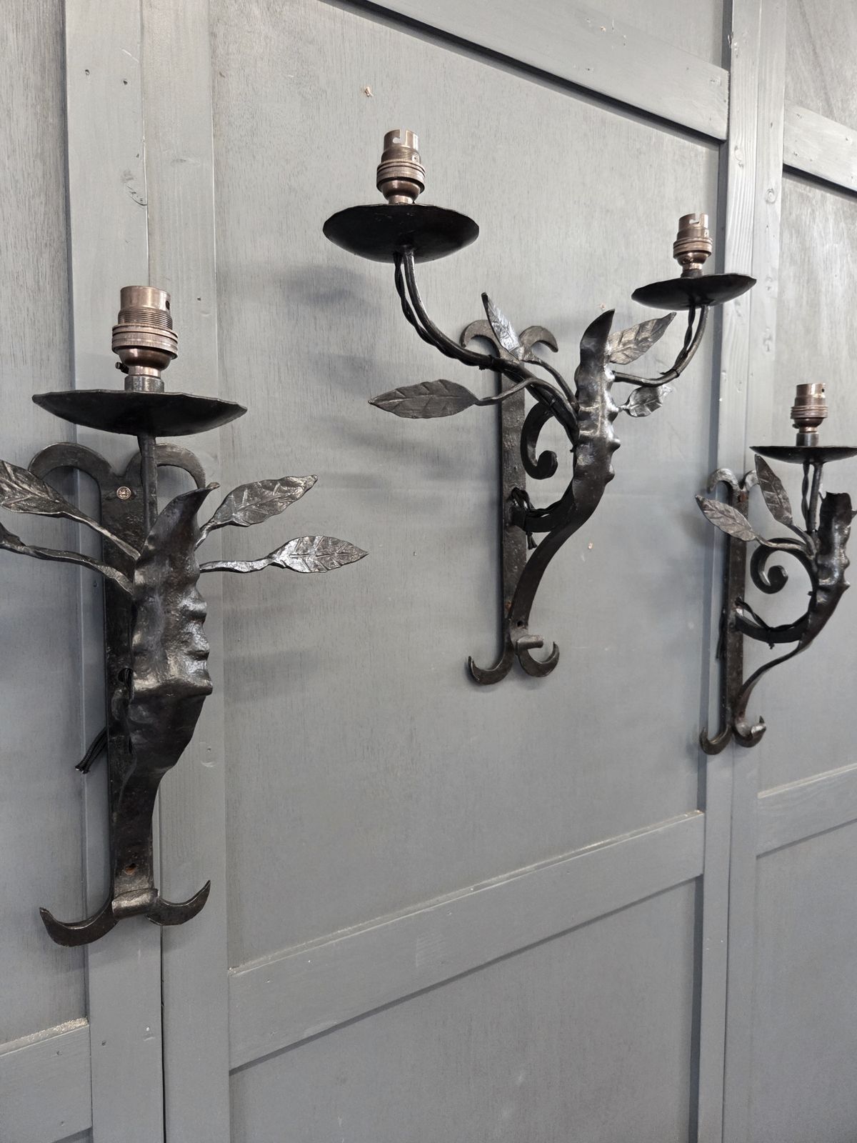 Trio Of Early 20th Century Arts & Crafts Style Wrought Iron Wall Sconces photo furniture