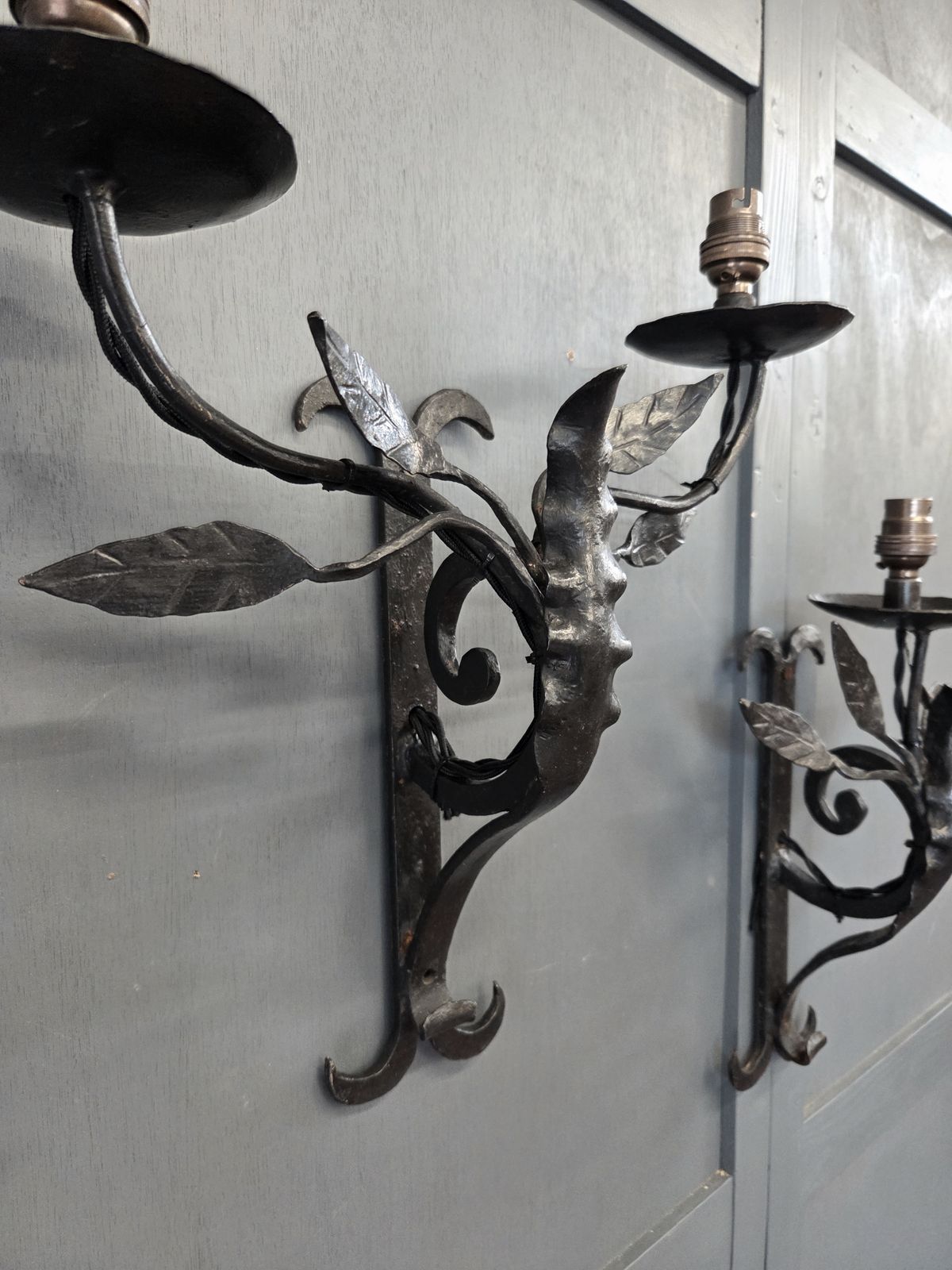 Trio Of Early 20th Century Arts & Crafts Style Wrought Iron Wall Sconces photo vinterior