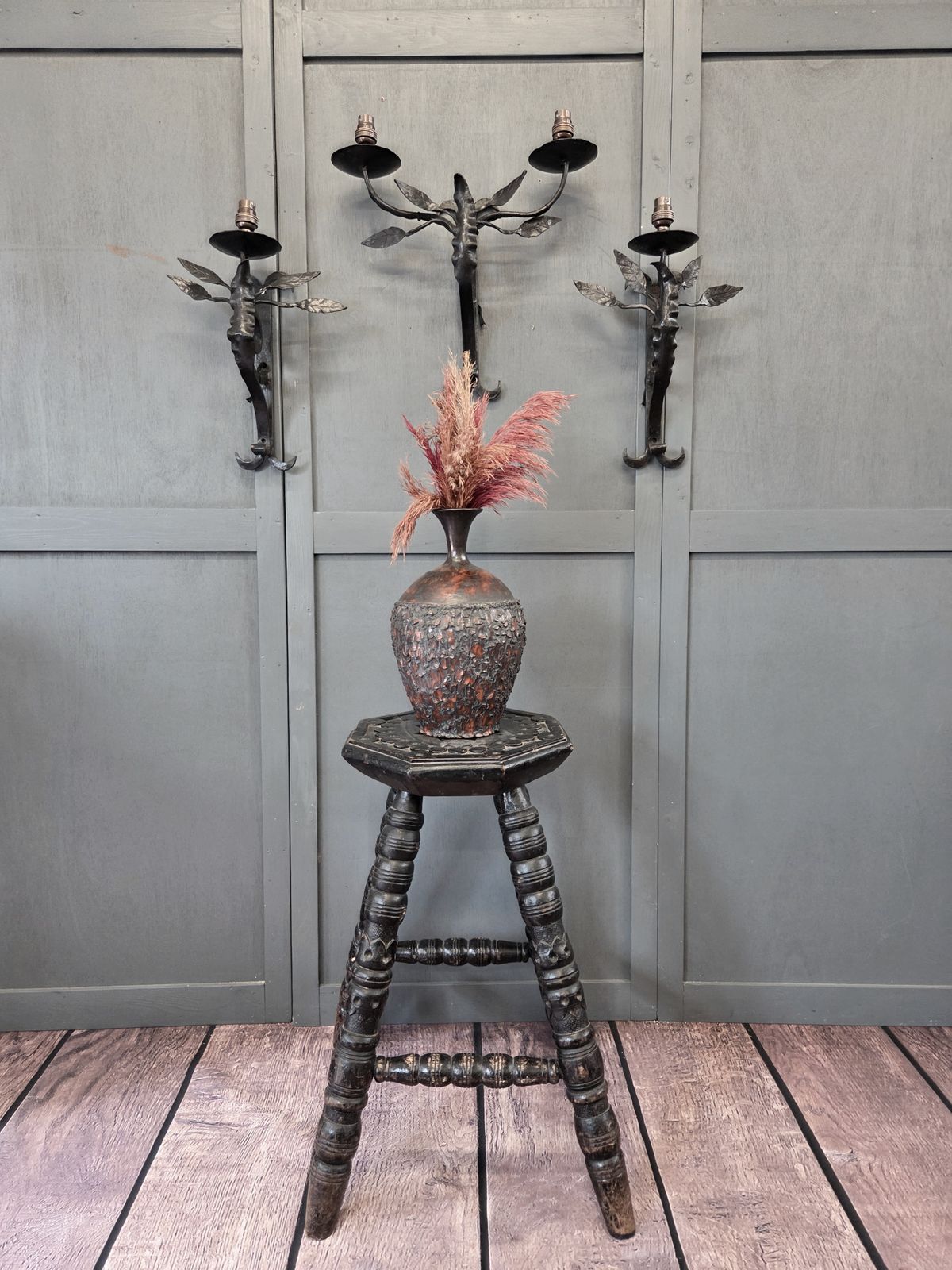 photo for sale Trio Of Early 20th Century Arts & Crafts Style Wrought Iron Wall Sconces