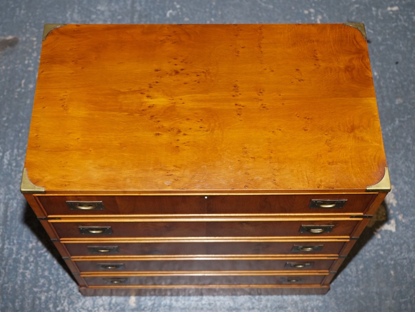 photo furniture Vintage Military Campaign Yew Wood Secretary Chest Of Drawers With Brass Handles