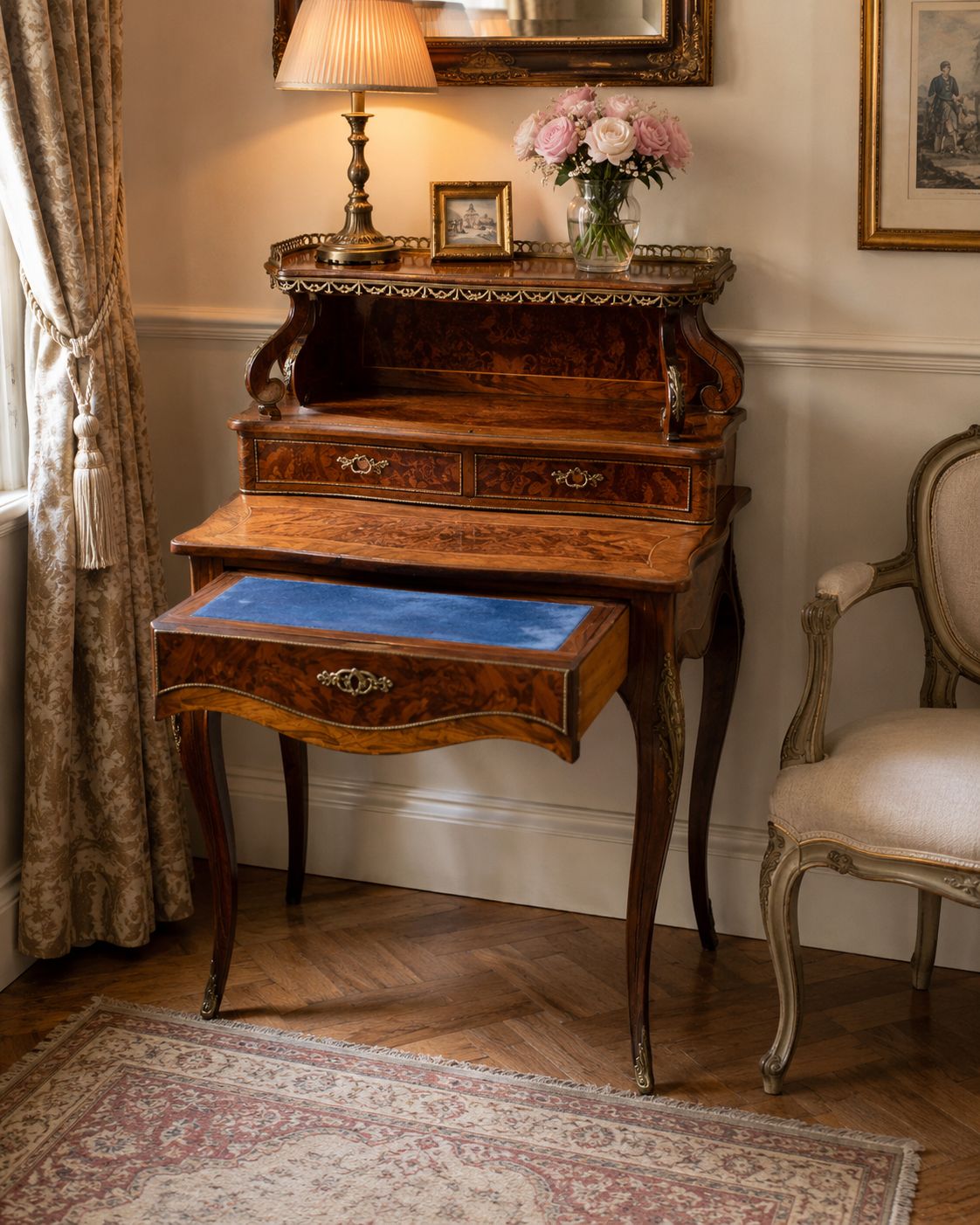 French Louis XV Revival Bonheur Du Jour Writing Desk Marquetry Antique Bureau