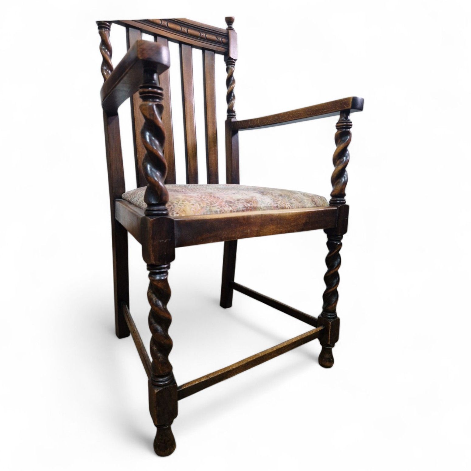 Furniture Antique Oak Barley Twist Carver Chair Farmhouse Armchair Spiral Turned Chair photo